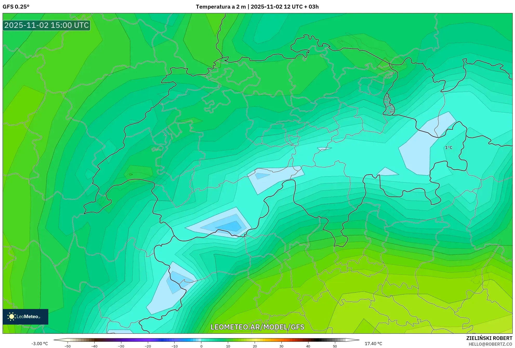 GFS model - Suiza, Temperatura a 2 m GFS model - Suiza, Temperatura a 2 m