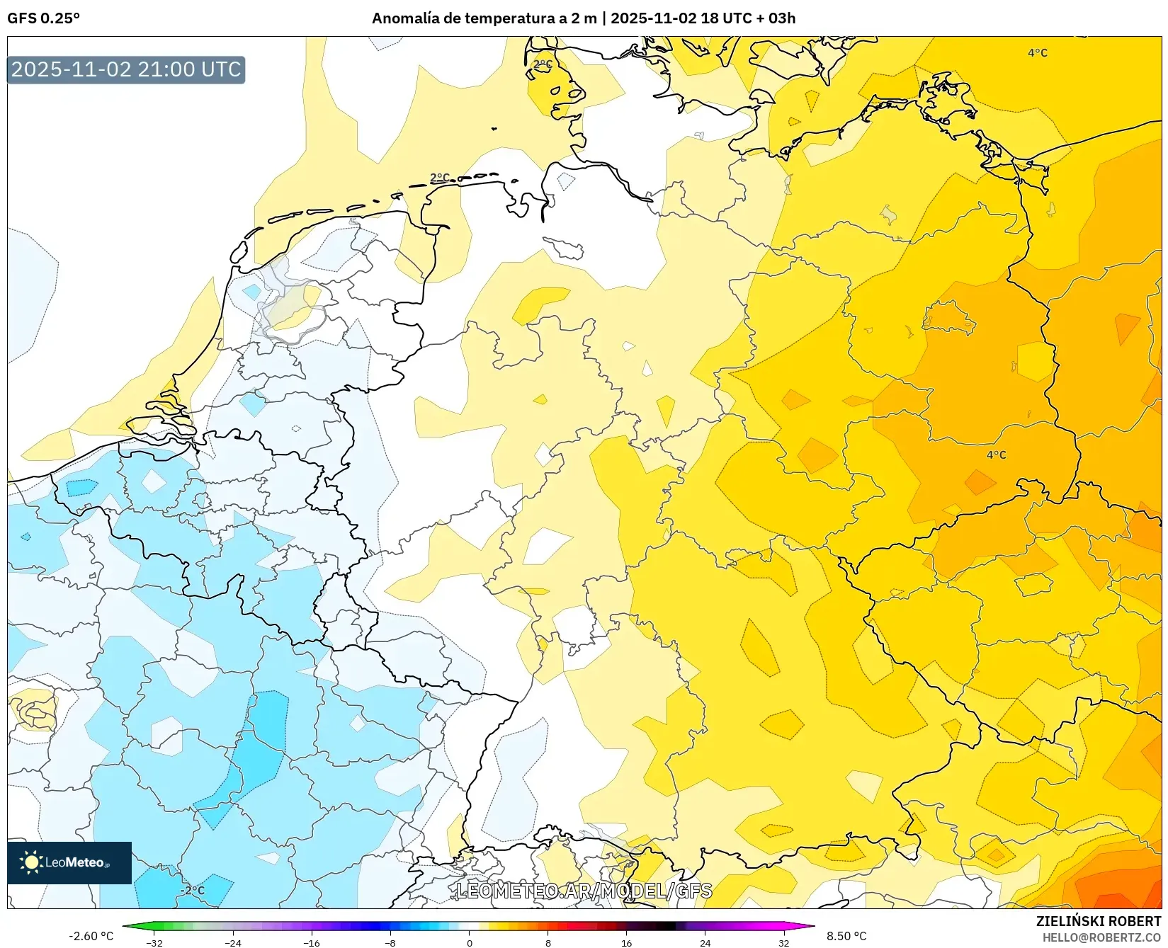 GFS model - Alemania, Anomalía de temperatura a 2 m