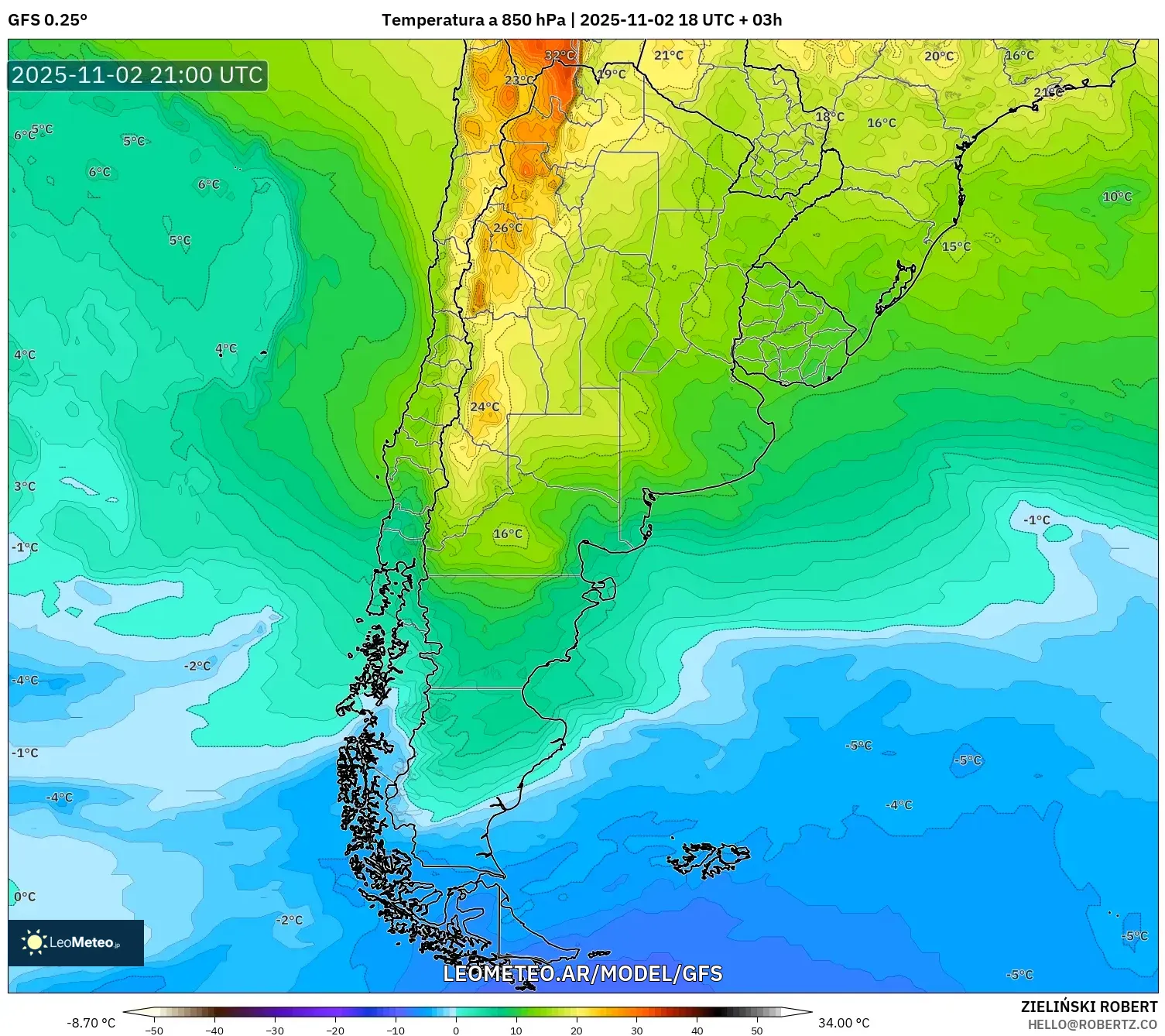 GFS model - Argentina, Temperatura a 850 hPa