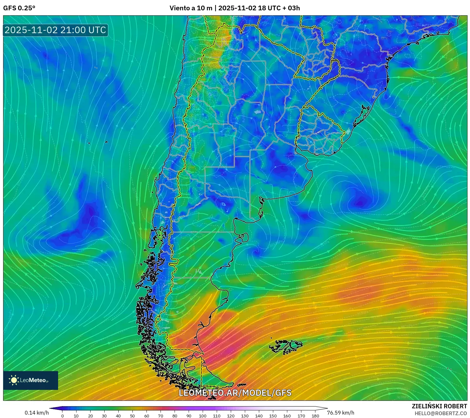 GFS model - Argentina, Viento a 10 m