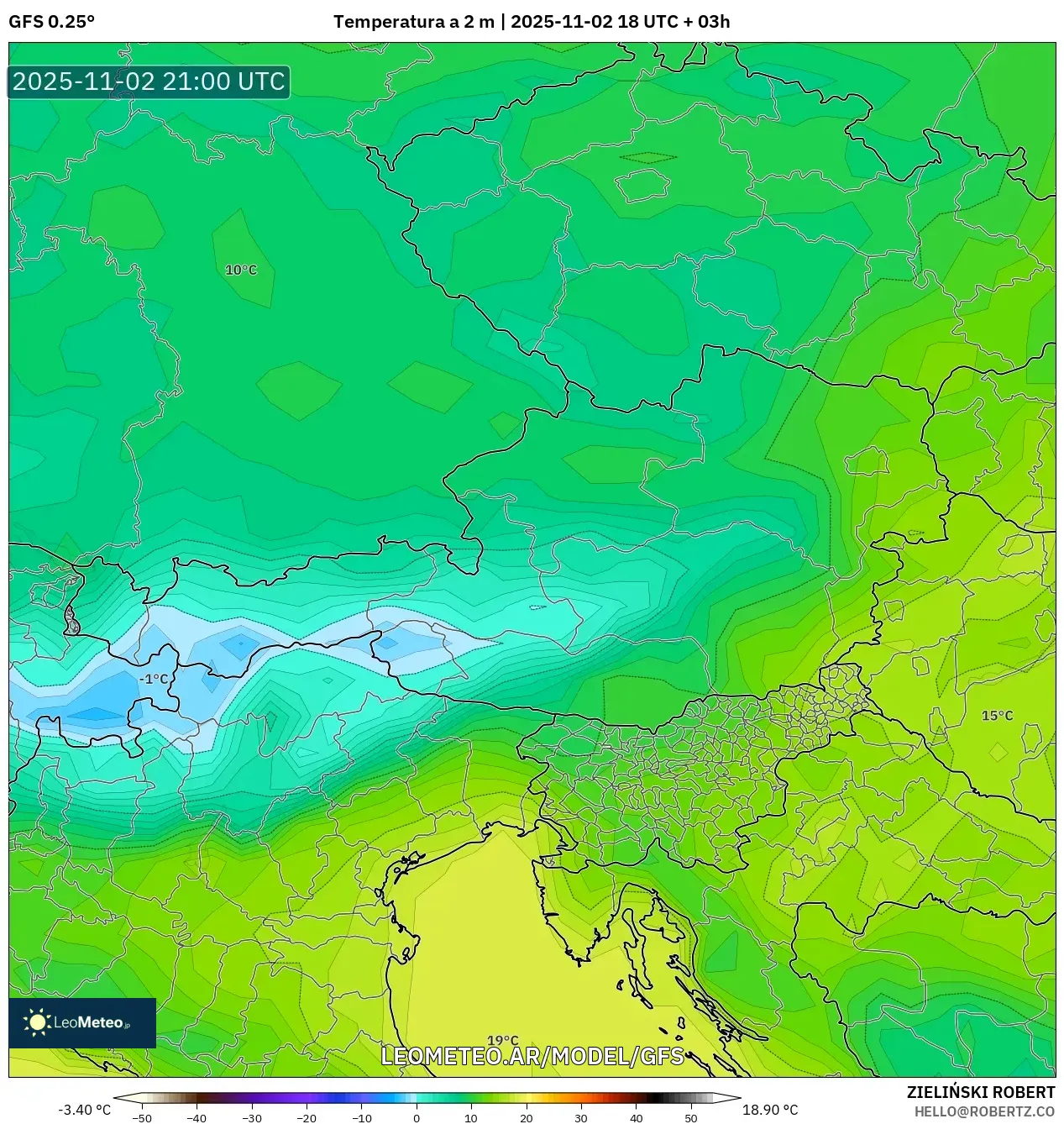 GFS model - Austria, Temperatura a 2 m