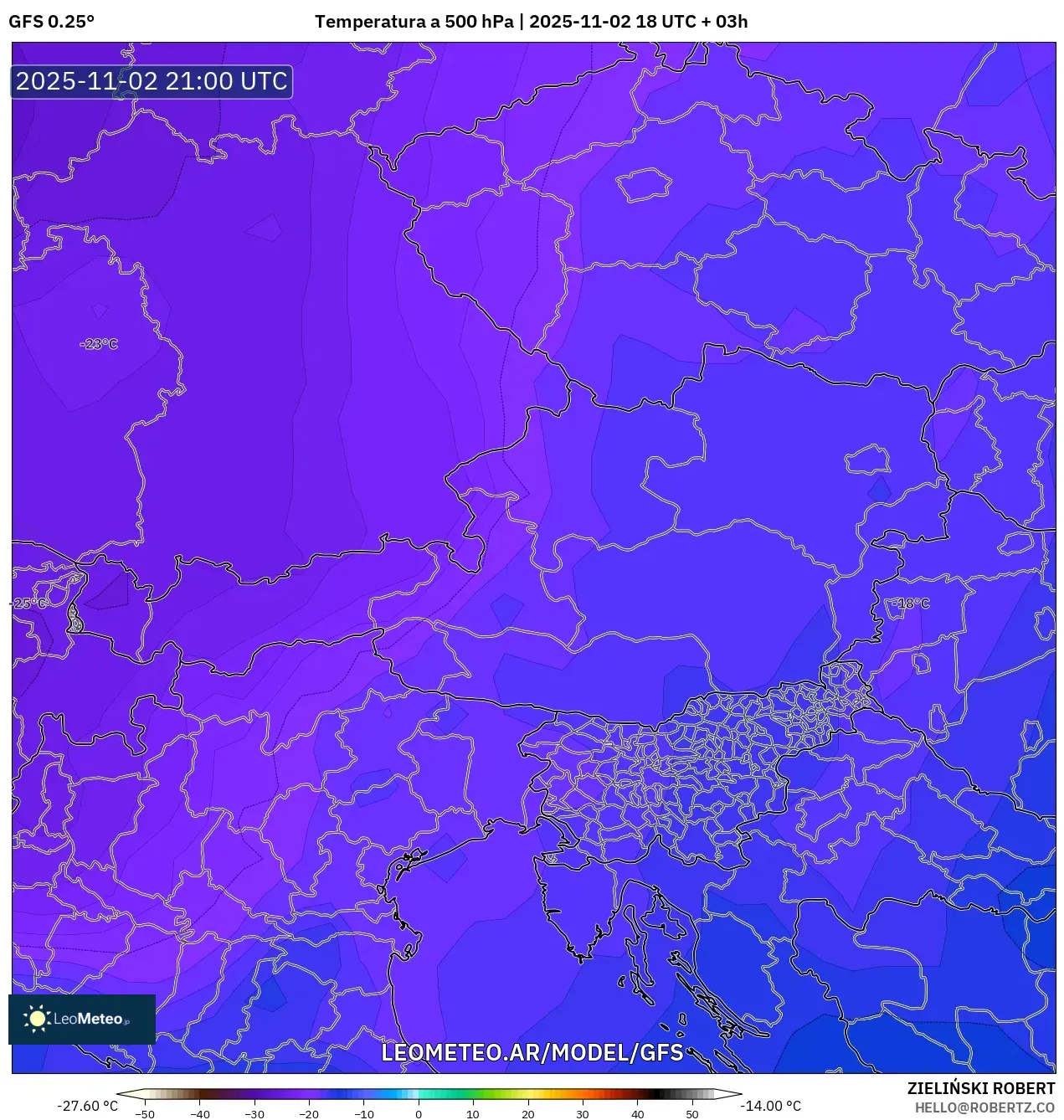GFS model - Austria, Temperatura a 500 hPa