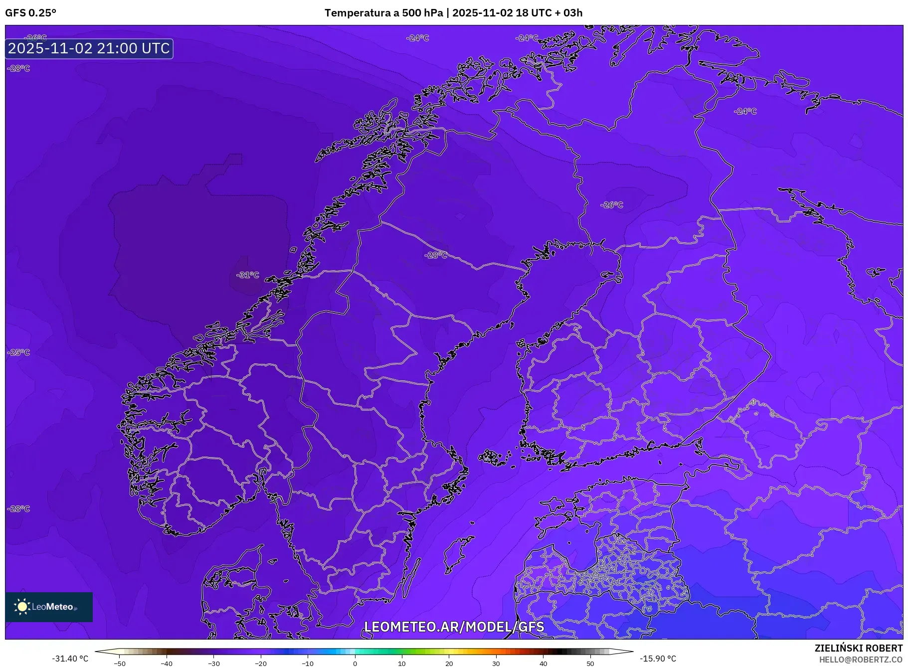 GFS model - Escandinavia, Temperatura a 500 hPa
