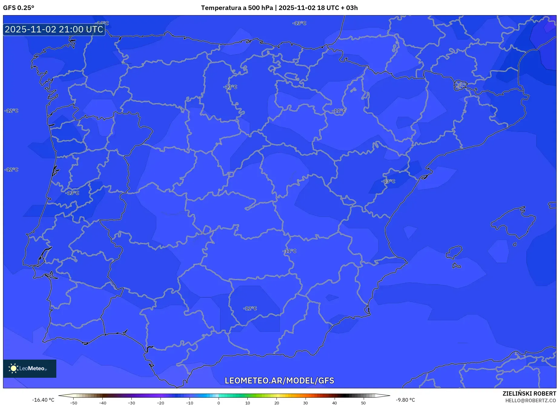GFS model - España, Temperatura a 500 hPa