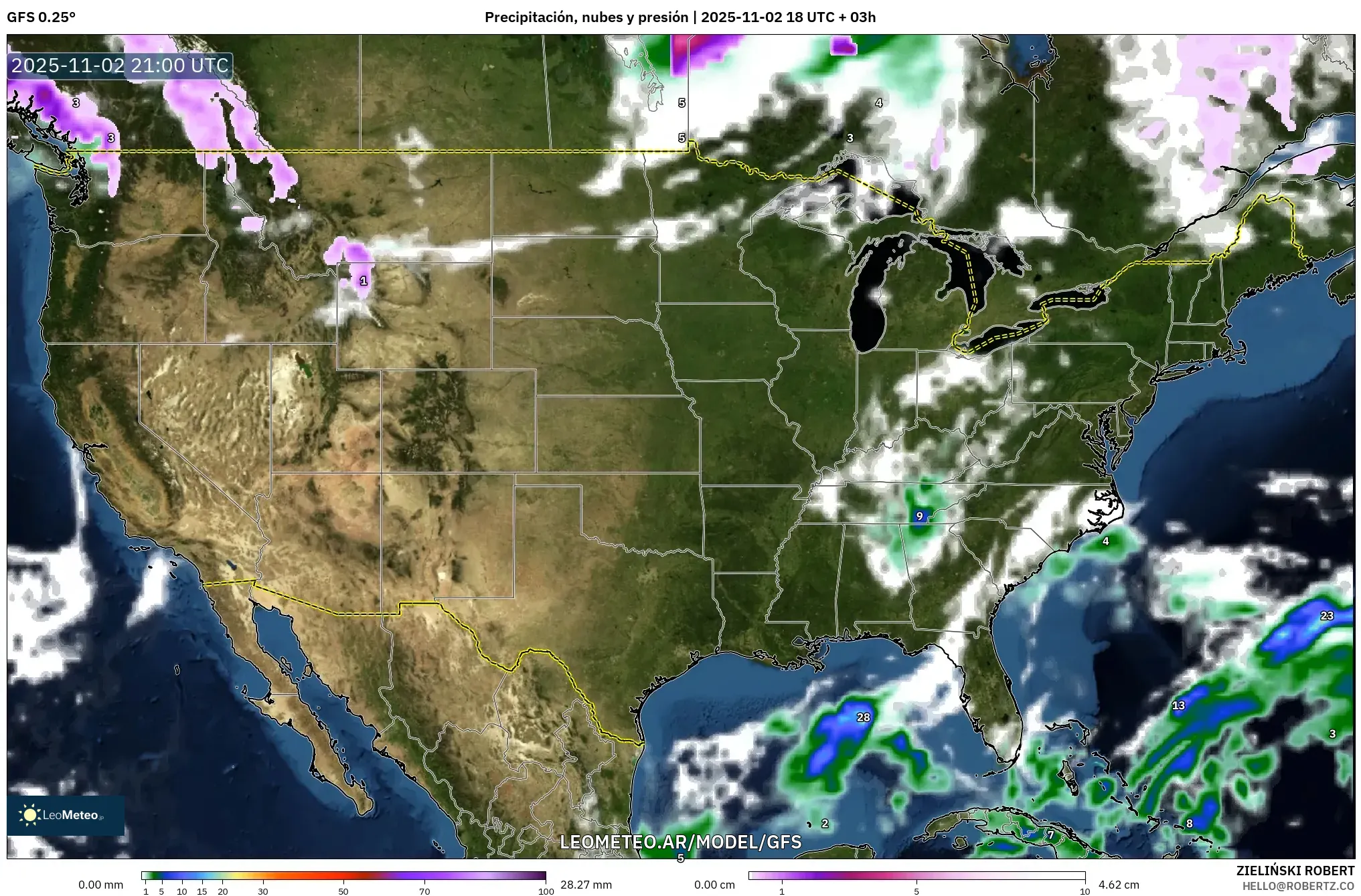 GFS model - Estados Unidos, Precipitación, nubes y presión