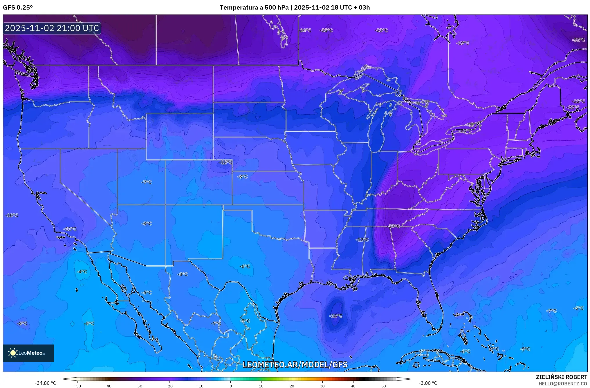 GFS model - Estados Unidos, Temperatura a 500 hPa