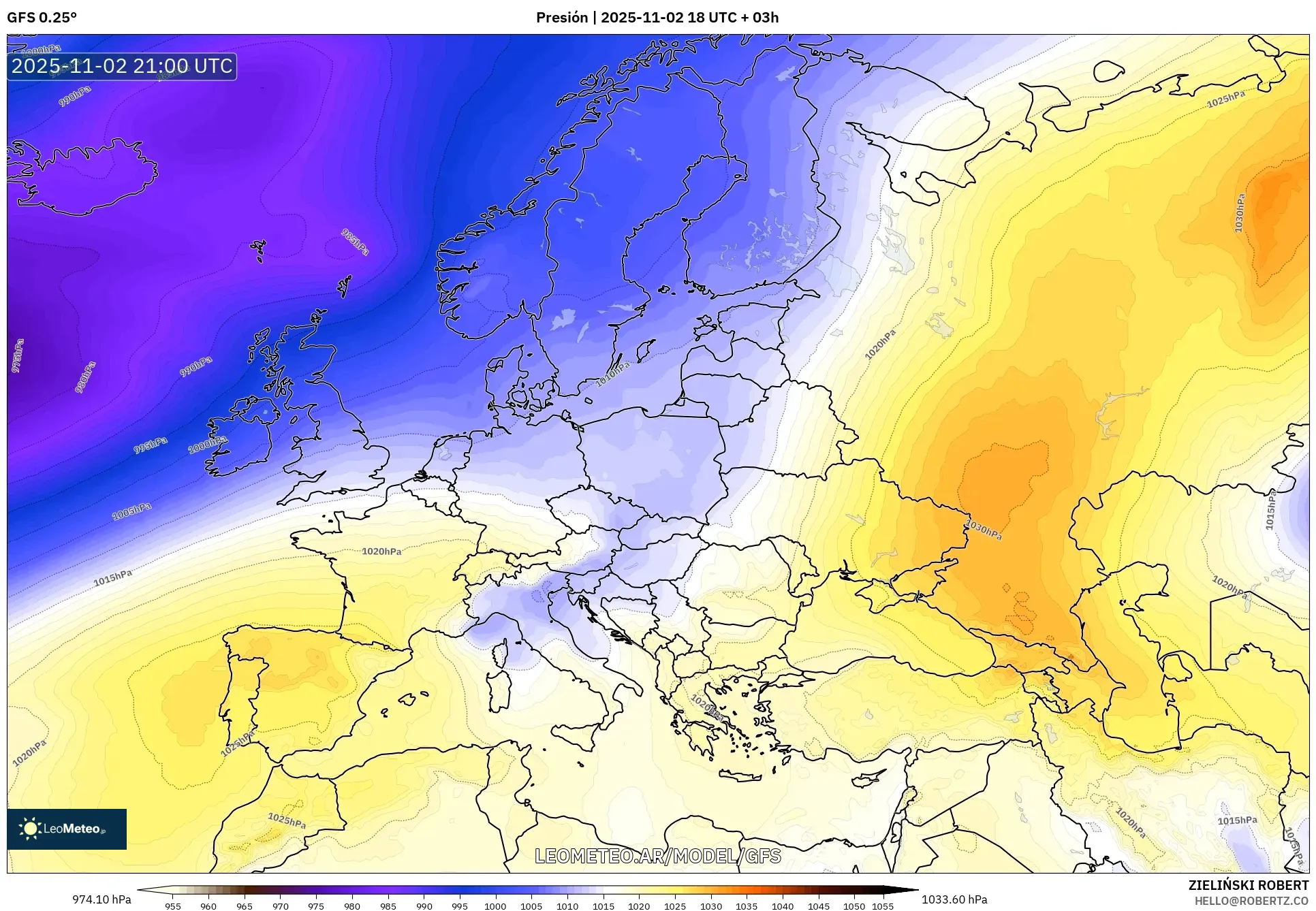 GFS model - Europa, Presión
