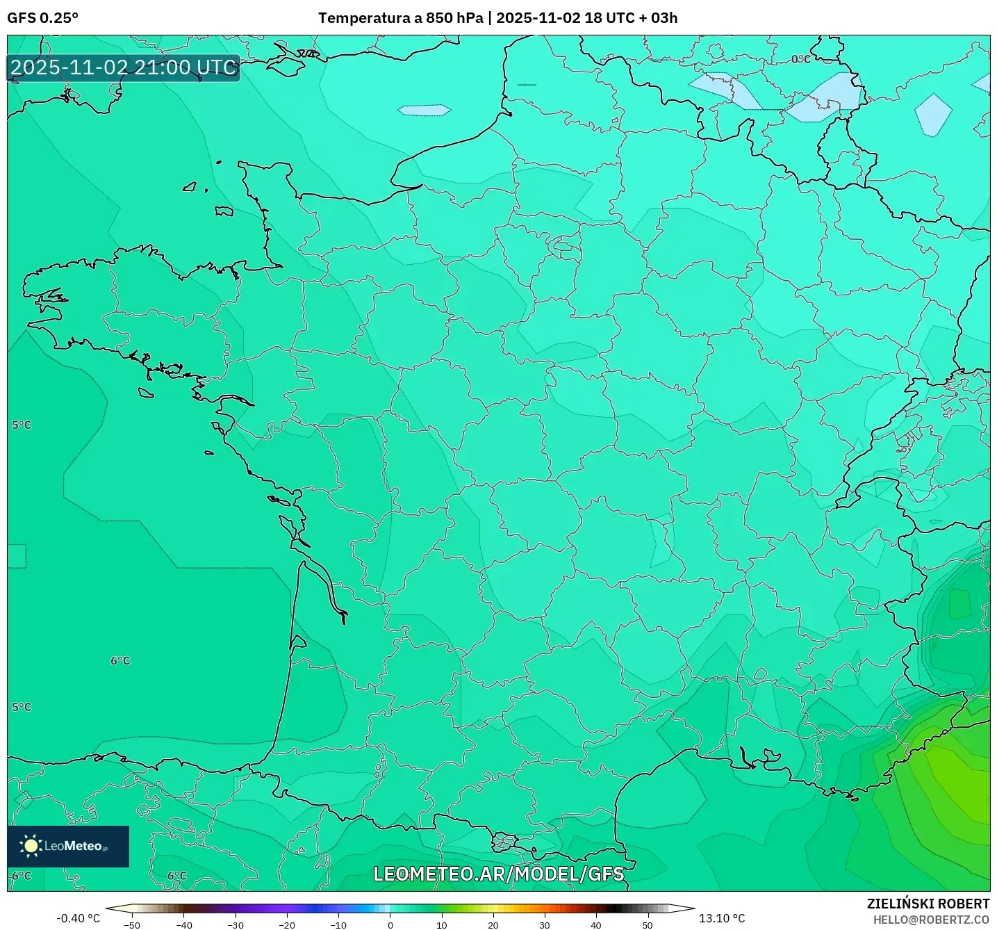 GFS model - Francia, Temperatura a 850 hPa