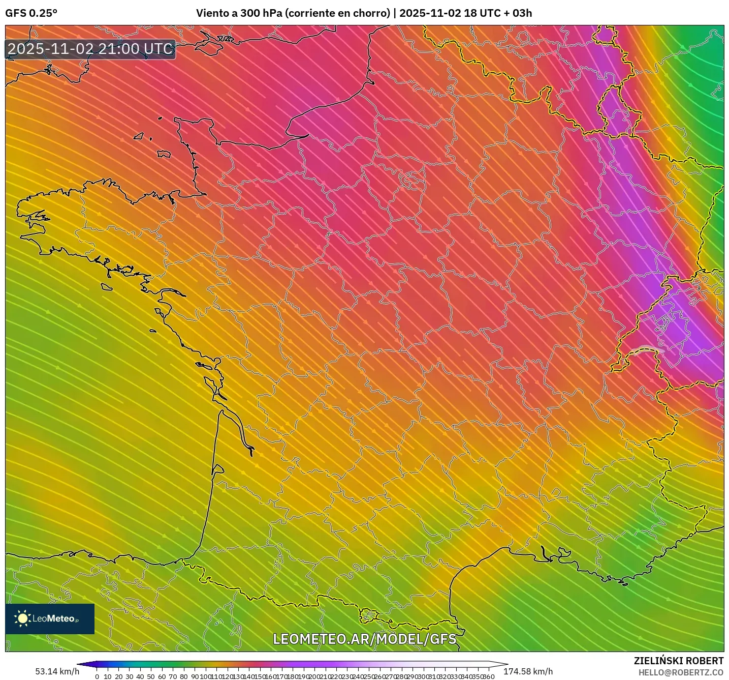 GFS model - Francia, Viento a 300 hPa (corriente en chorro)