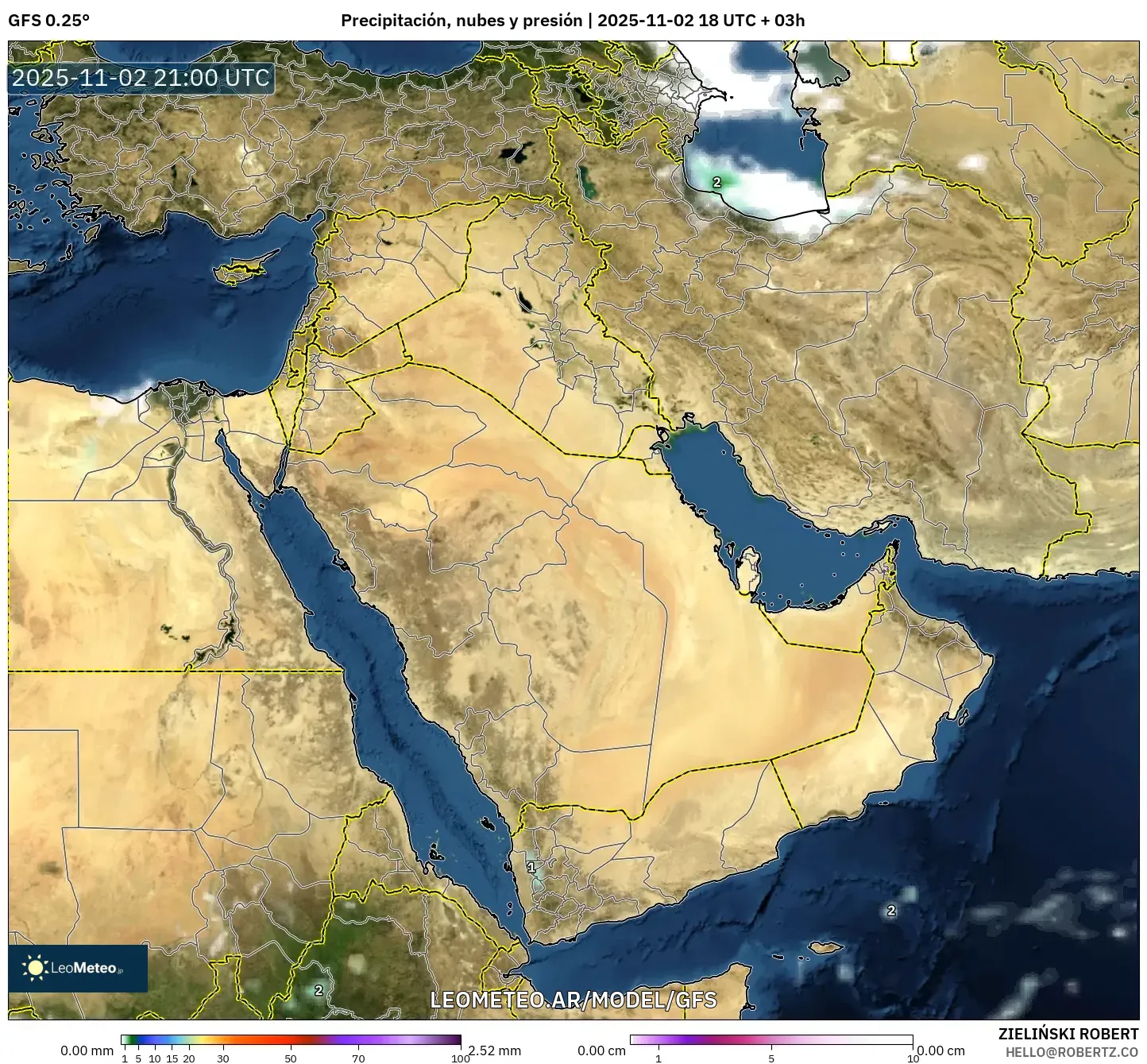 GFS model - Oriente Medio, Precipitación, nubes y presión