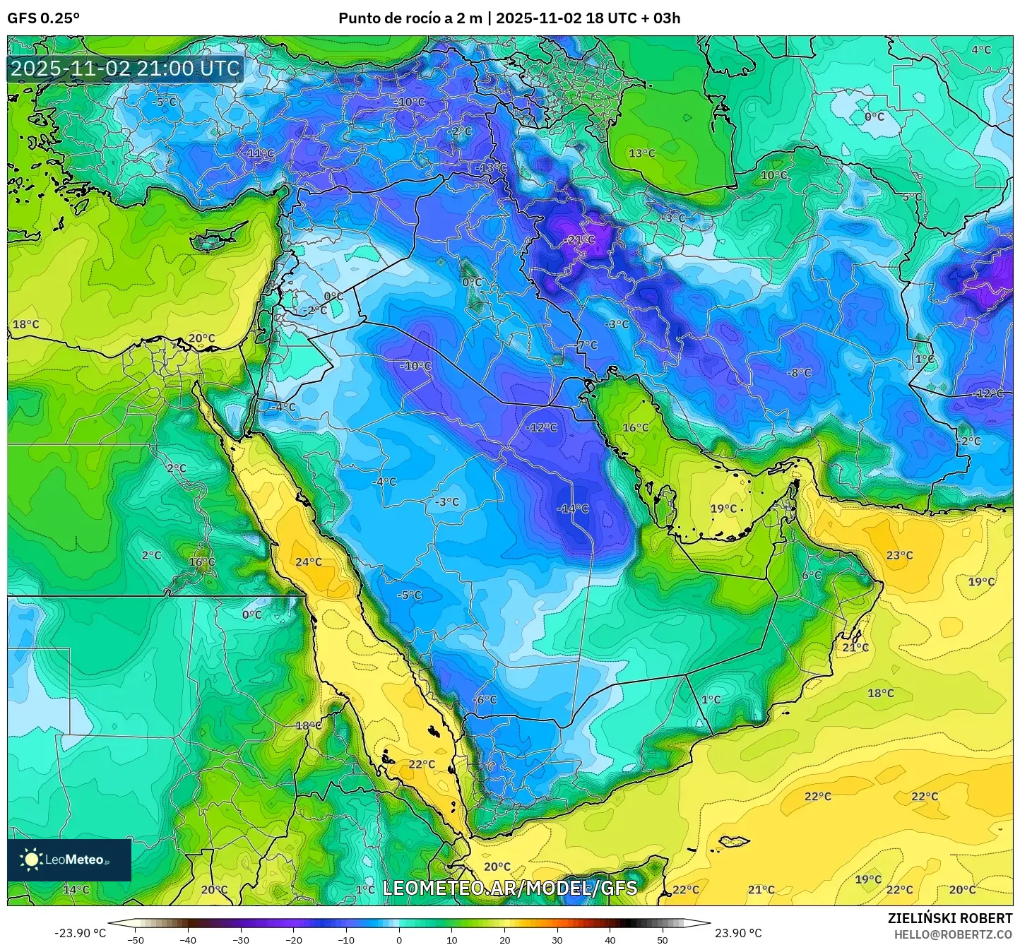 GFS model - Oriente Medio, Punto de rocío a 2 m