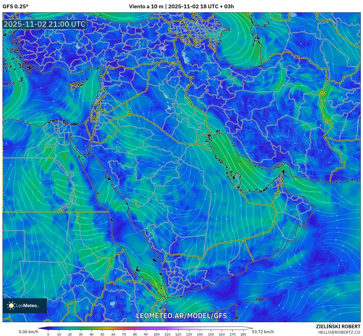 GFS model - Oriente Medio, Viento a 10 m