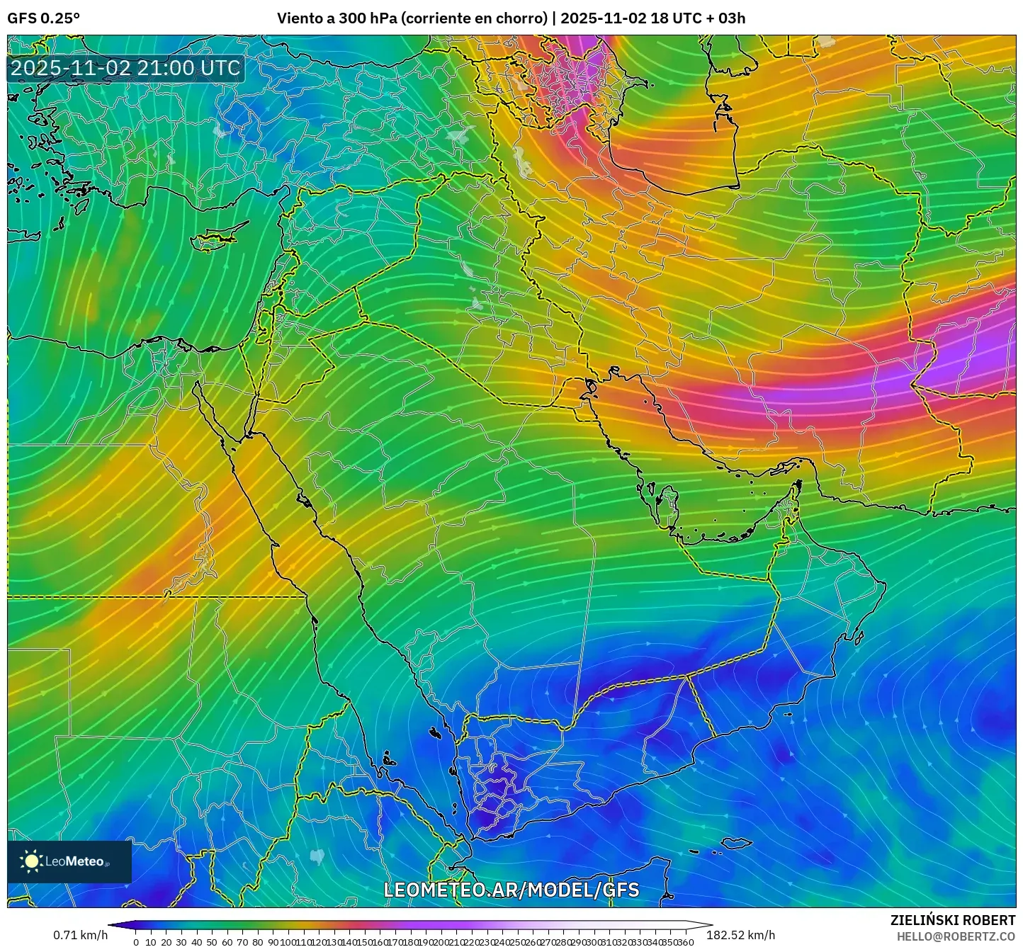 GFS model - Oriente Medio, Viento a 300 hPa (corriente en chorro)