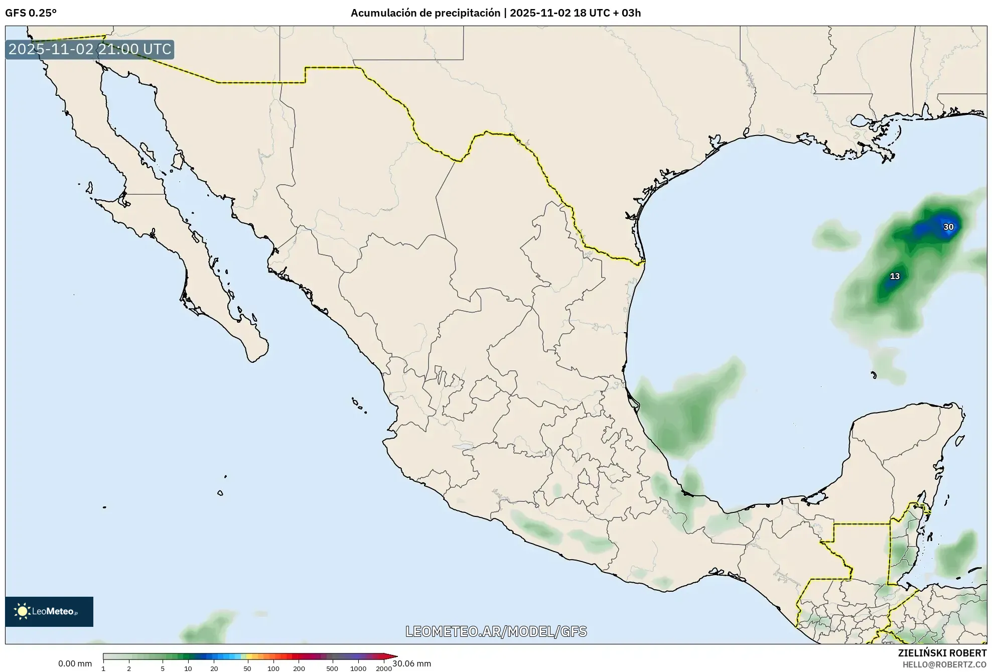 GFS model - México, Acumulación de precipitación
