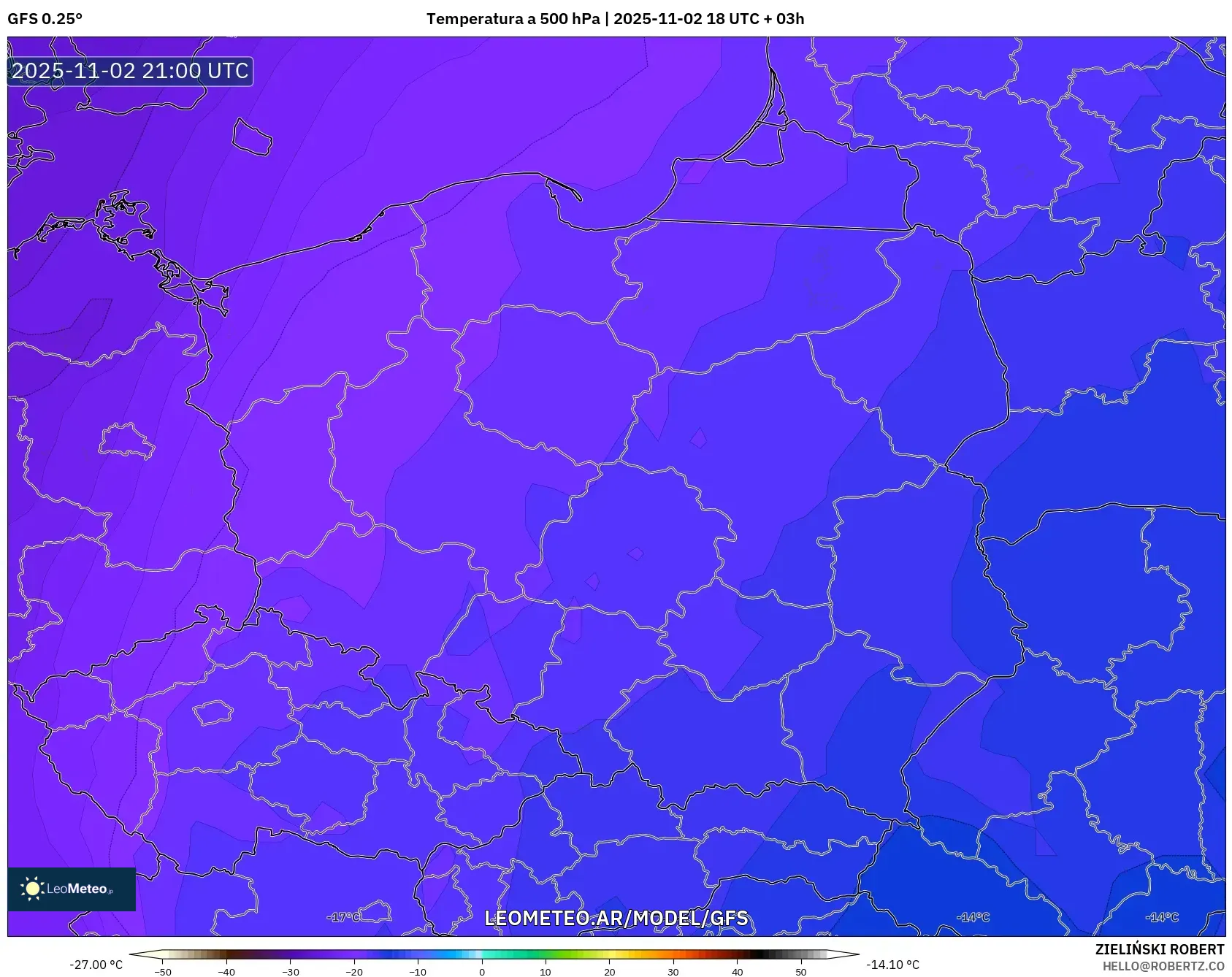 GFS model - Polonia, Temperatura a 500 hPa