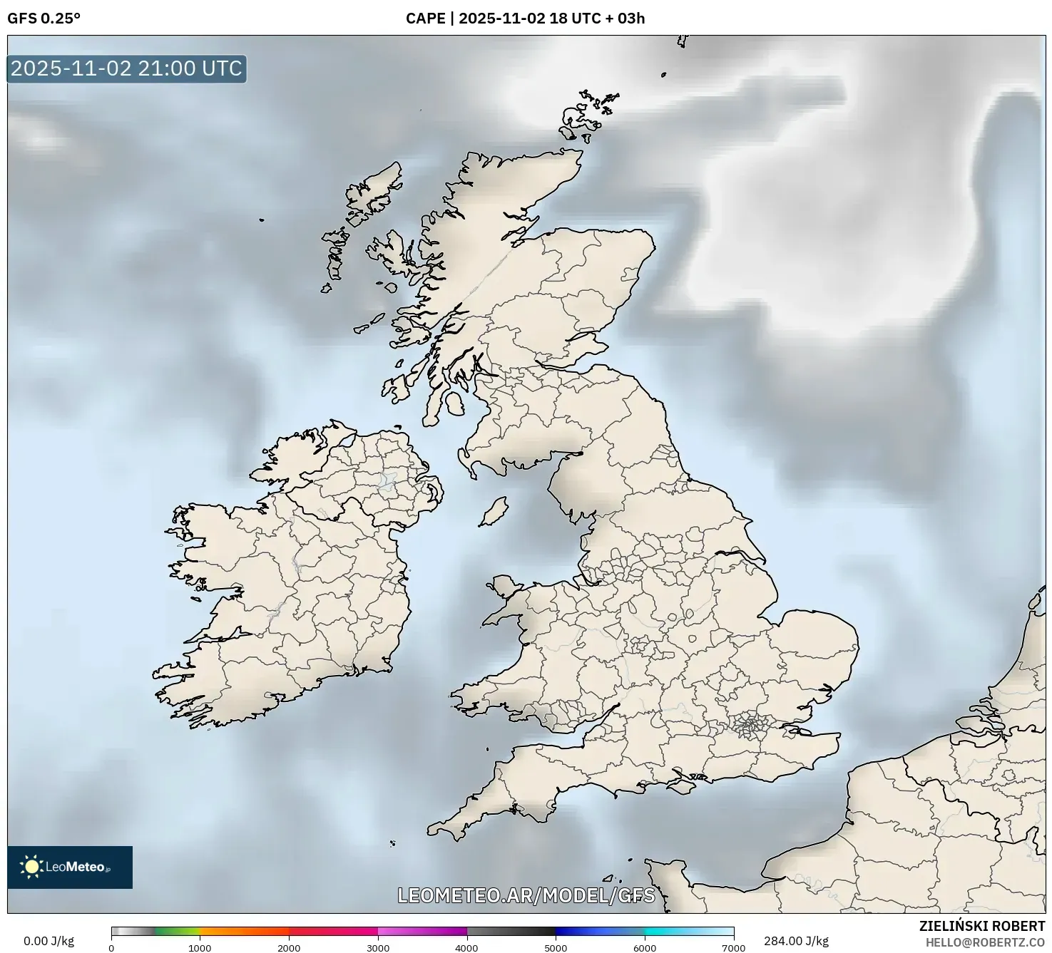 GFS model - Reino Unido, CAPE