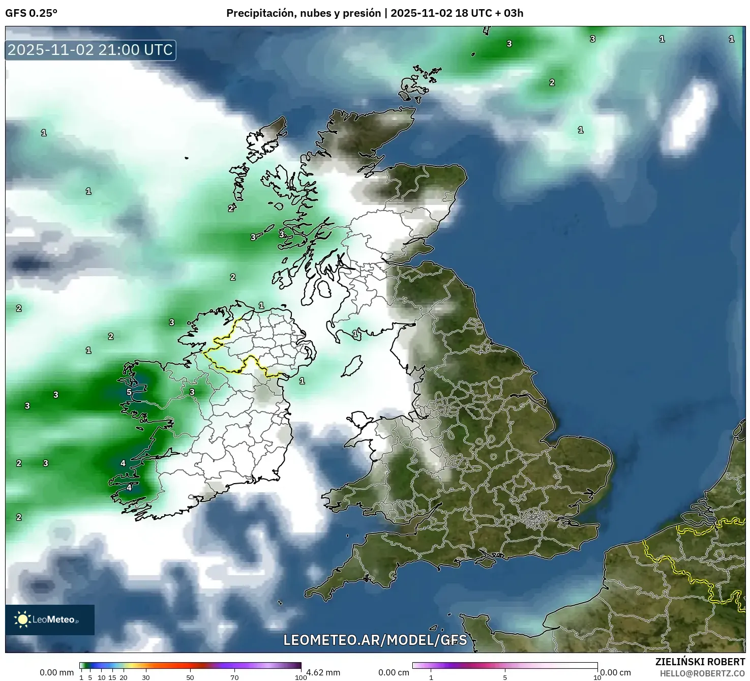 GFS model - Reino Unido, Precipitación, nubes y presión
