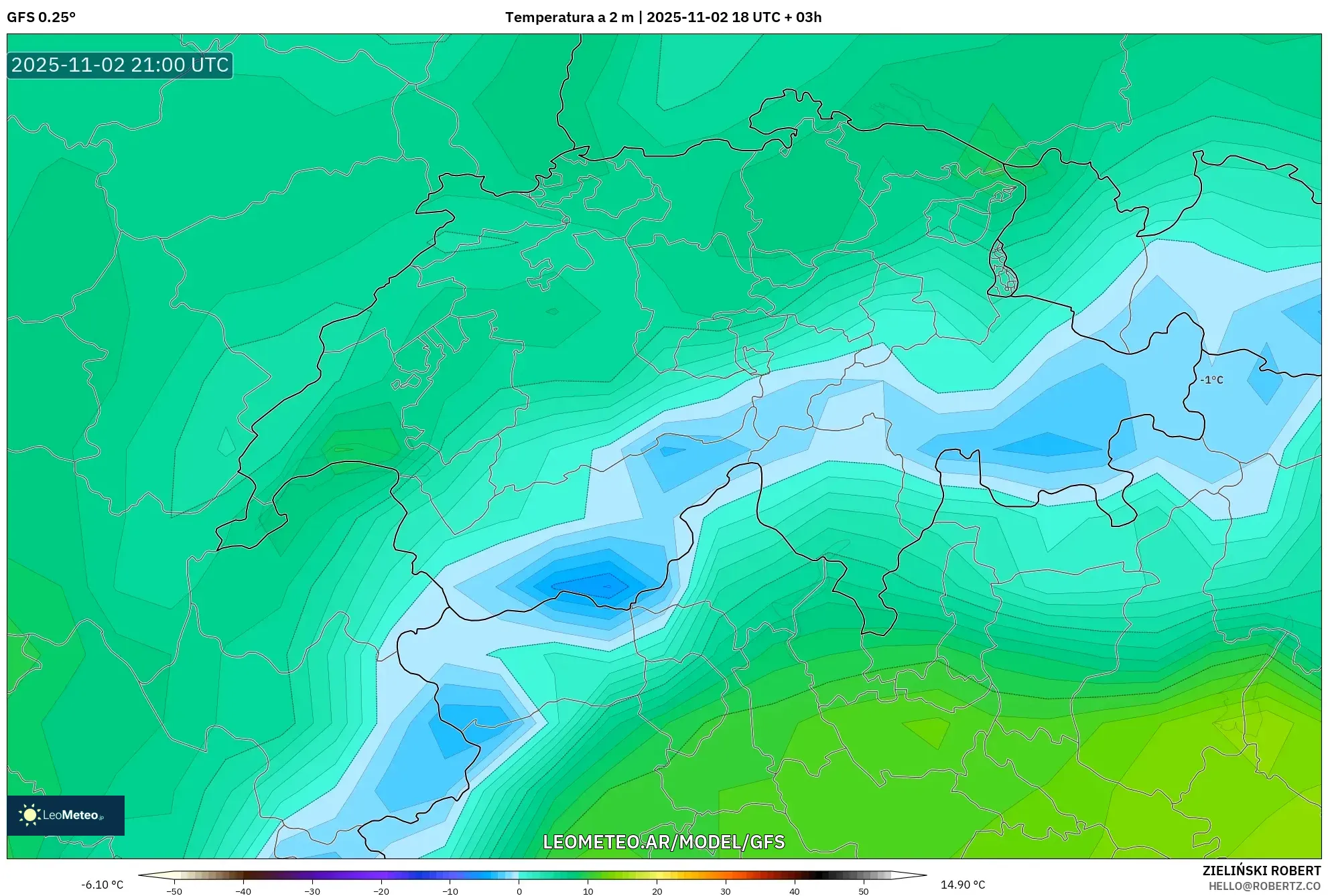 GFS model - Suiza, Temperatura a 2 m