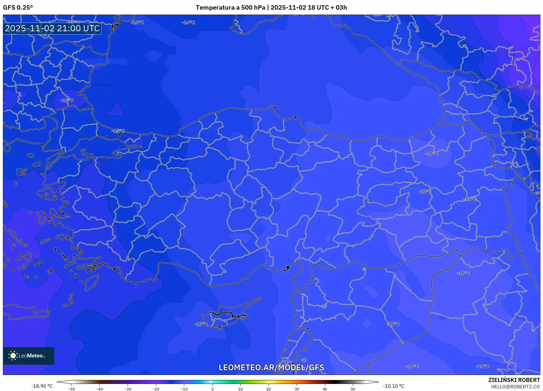 GFS model - Turquía, Temperatura a 500 hPa