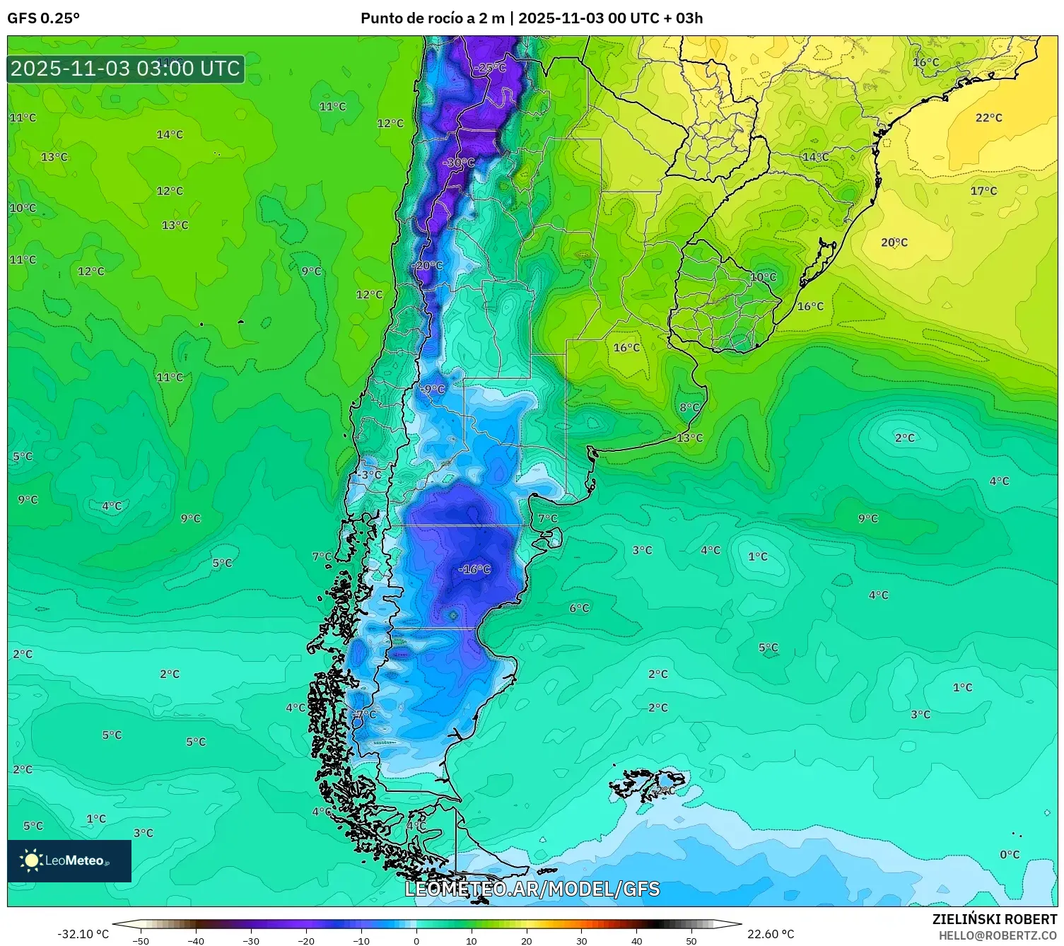 GFS model - Argentina, Punto de rocío a 2 m