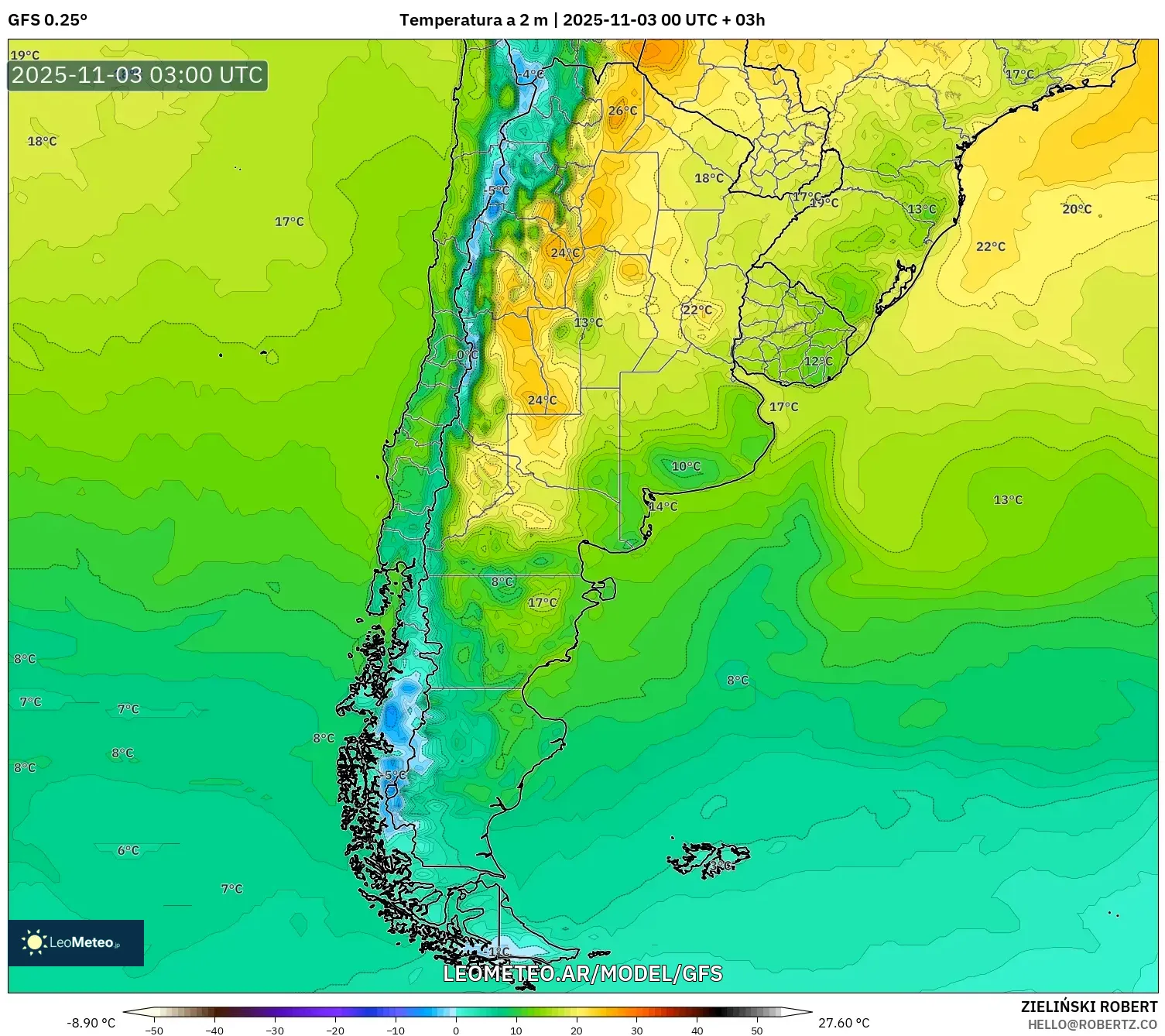 GFS model - Argentina, Temperatura a 2 m