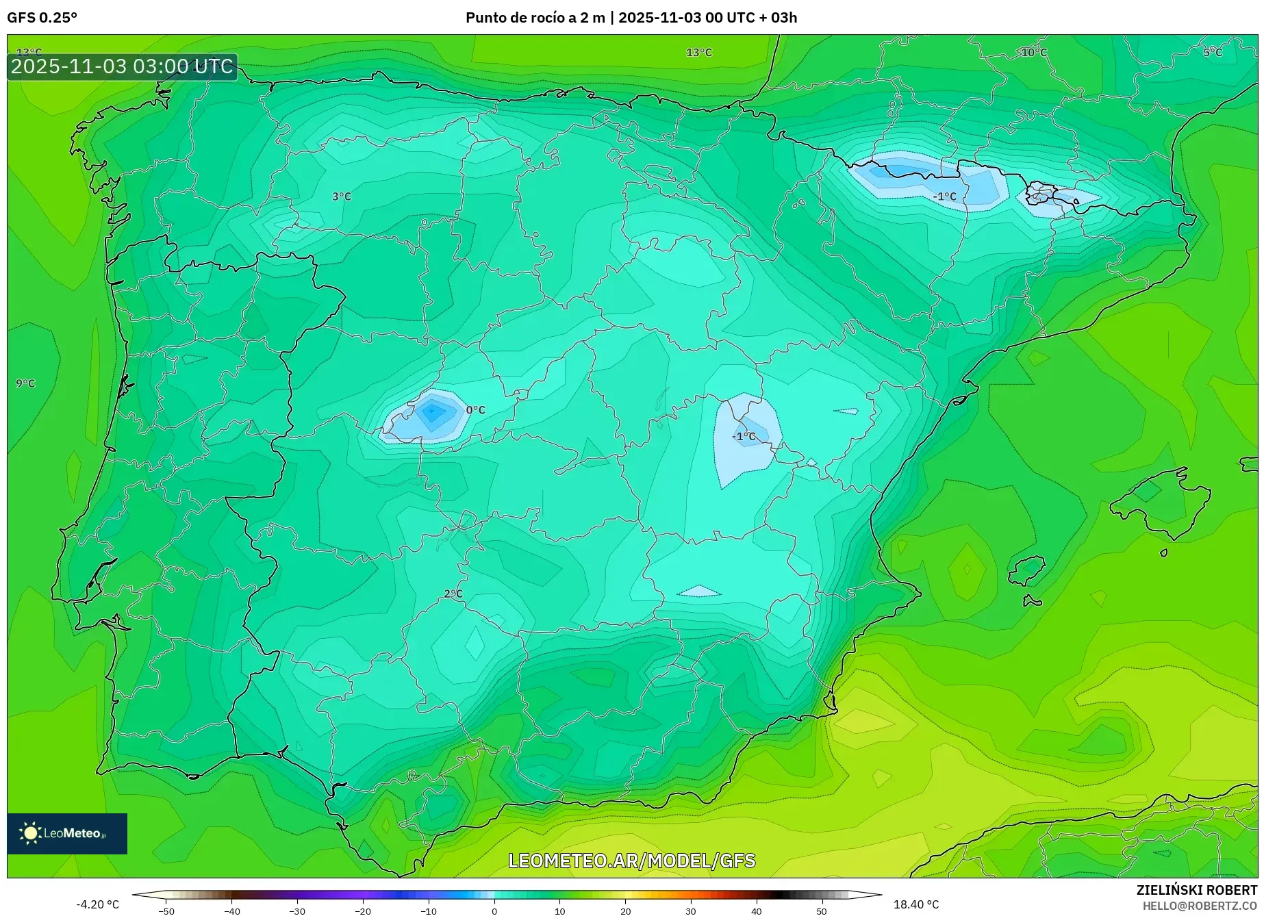 GFS model - España, Punto de rocío a 2 m
