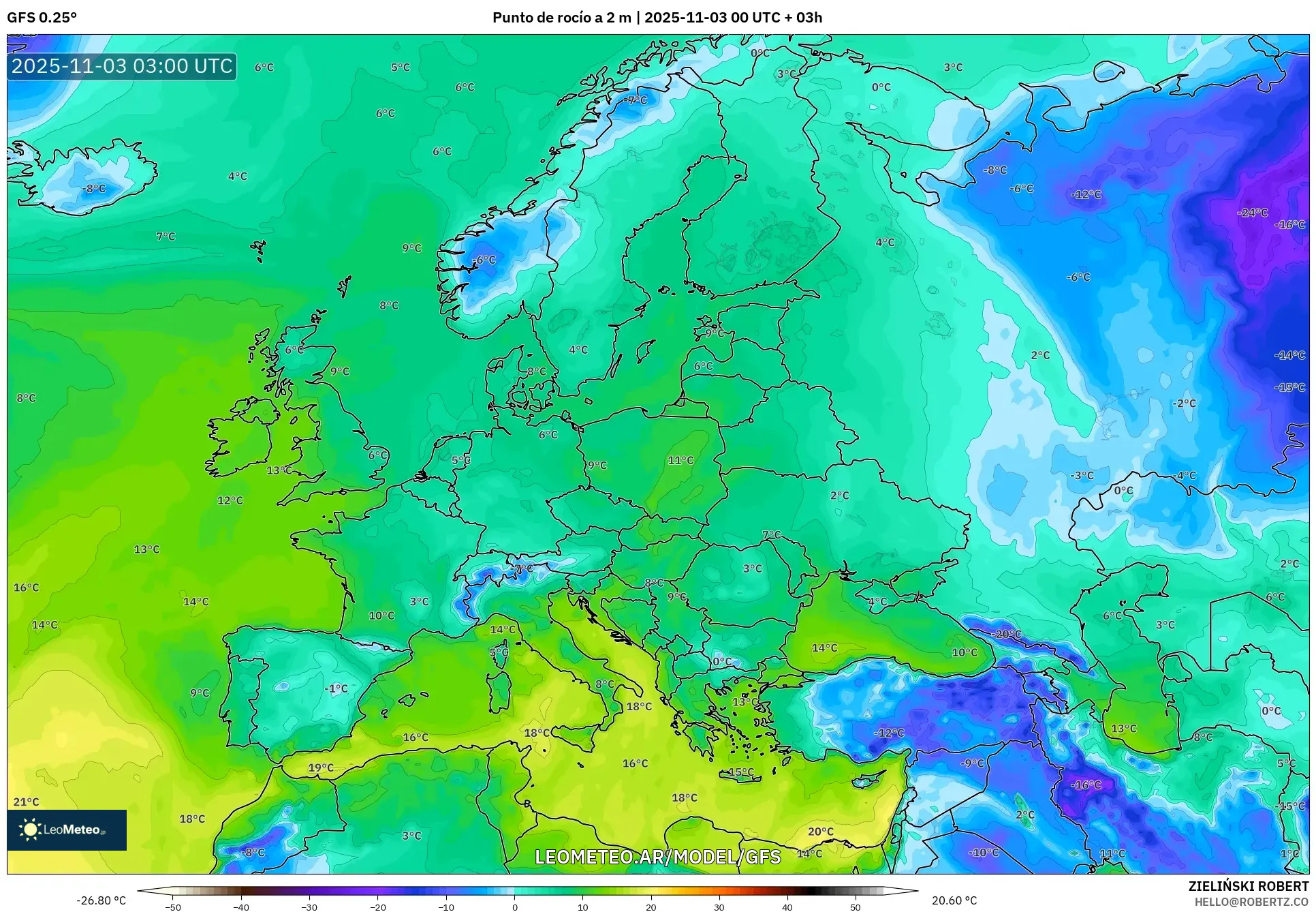 GFS model - Europa, Punto de rocío a 2 m