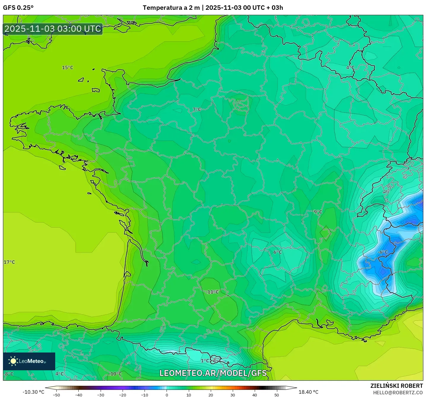 GFS model - Francia, Temperatura a 2 m