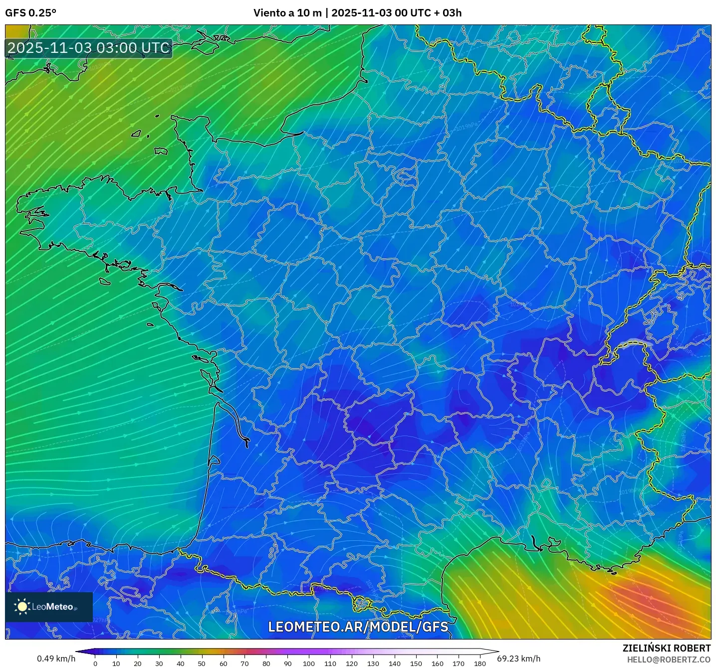 GFS model - Francia, Viento a 10 m