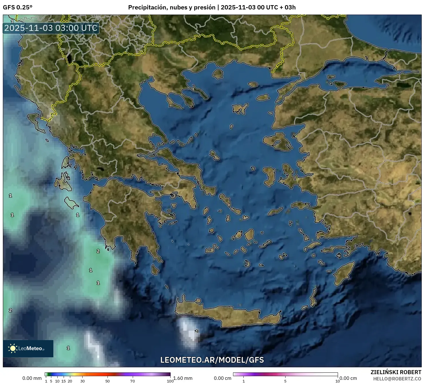 GFS model - Grecia, Precipitación, nubes y presión
