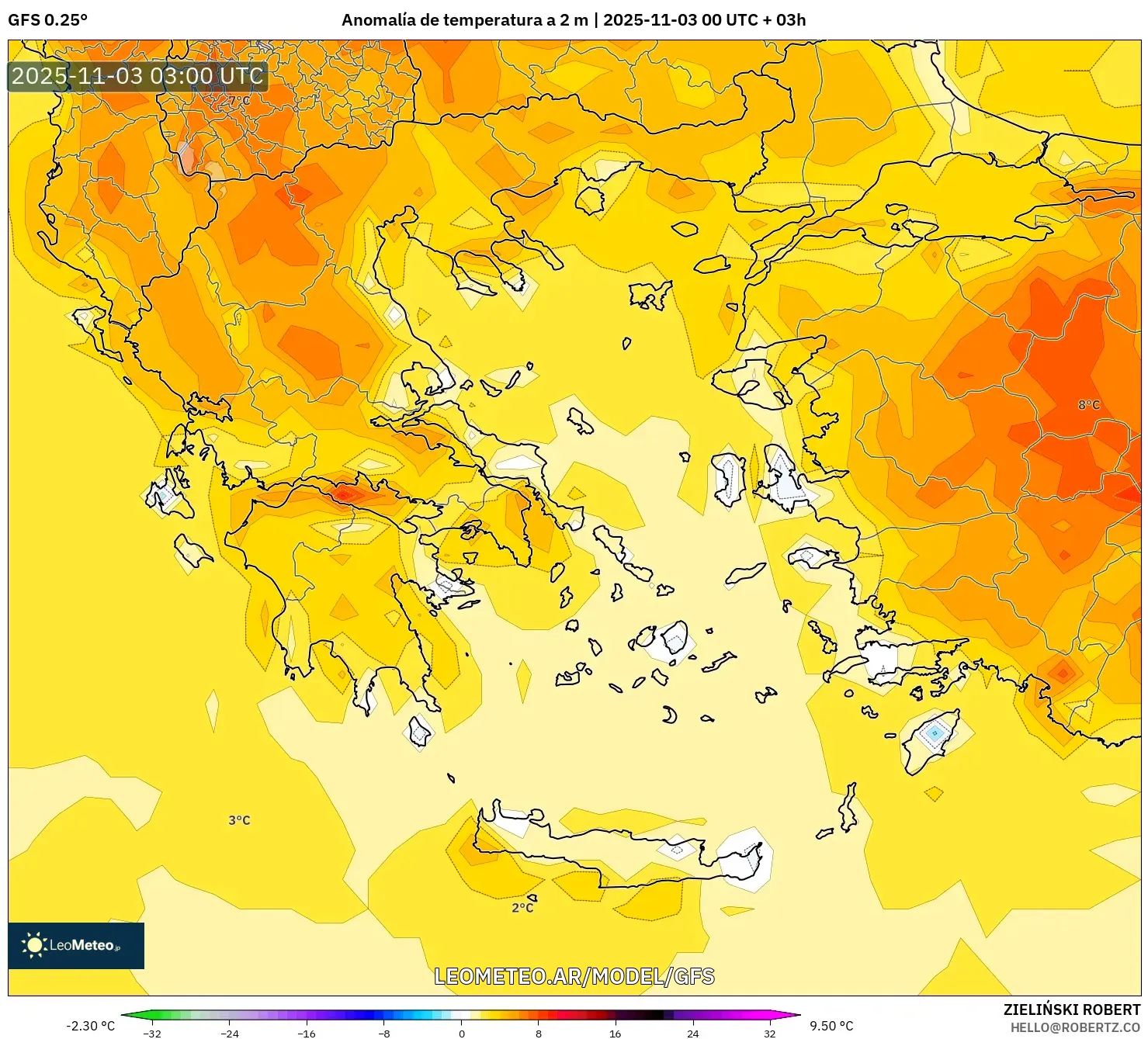 GFS model - Grecia, Anomalía de temperatura a 2 m