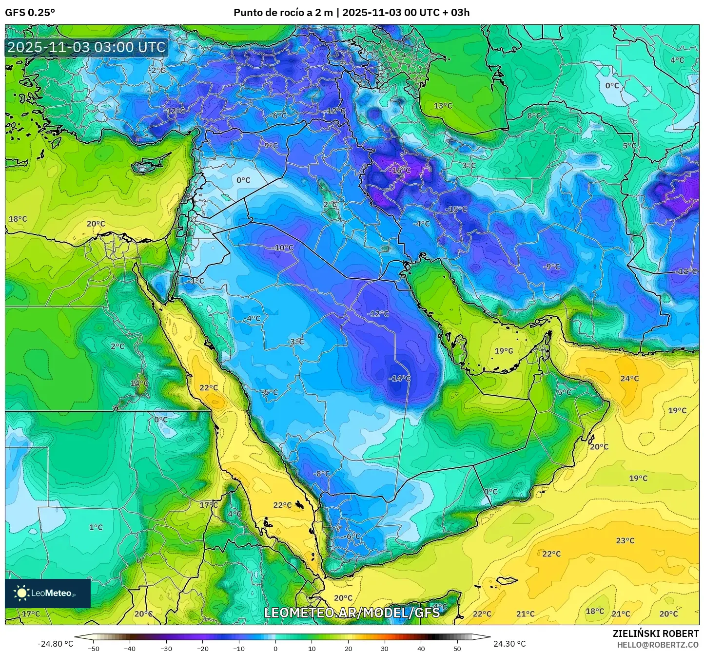 GFS model - Oriente Medio, Punto de rocío a 2 m