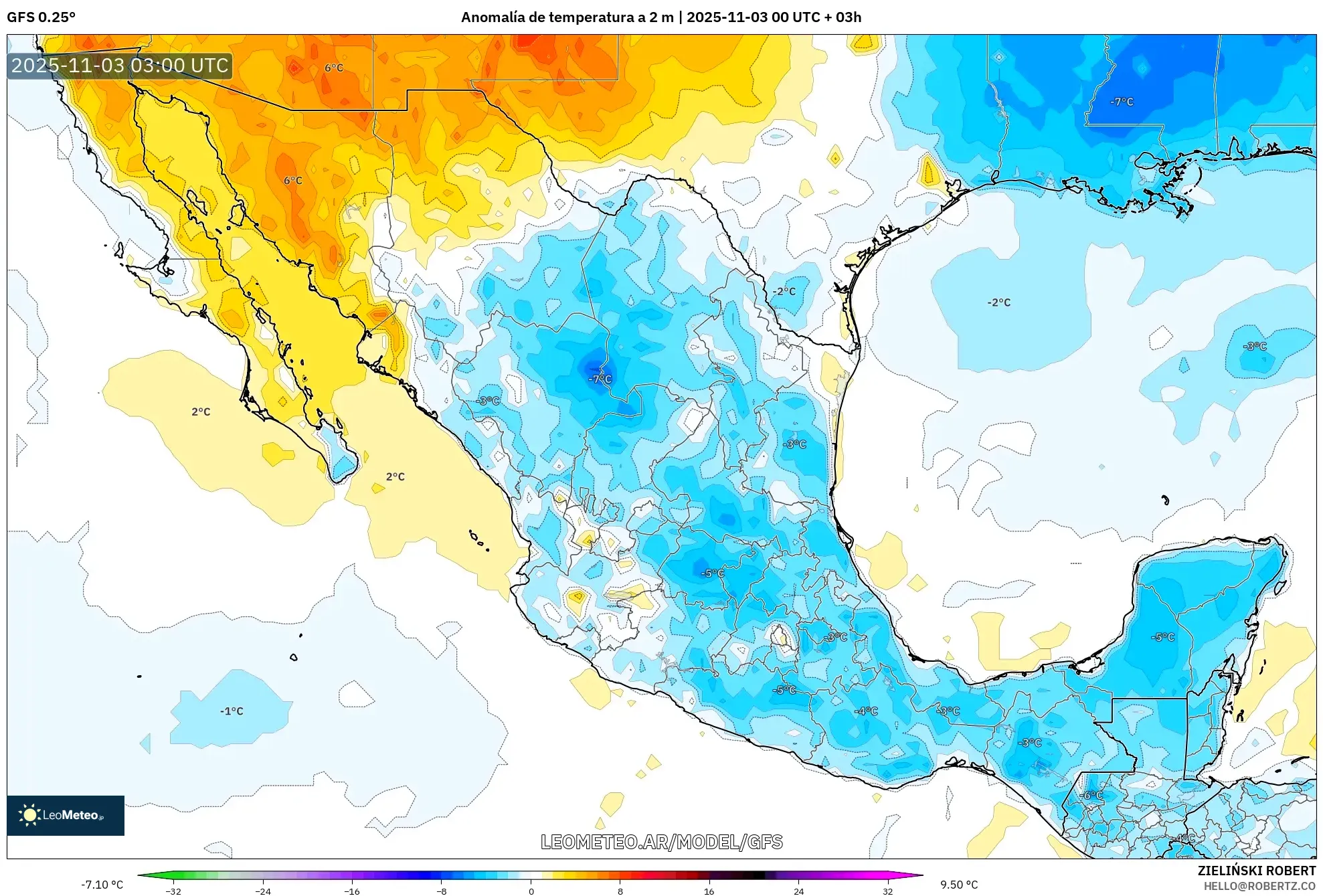 GFS model - México, Anomalía de temperatura a 2 m