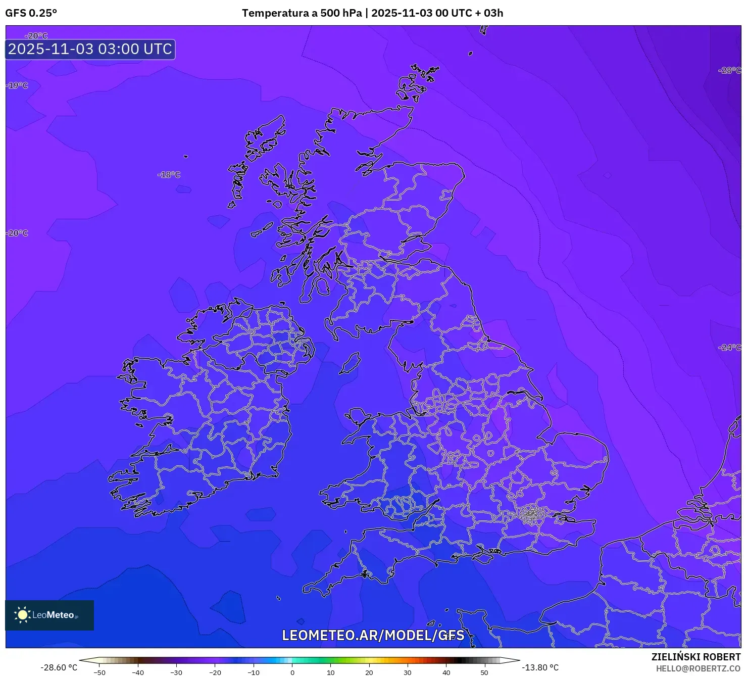 GFS model - Reino Unido, Temperatura a 500 hPa