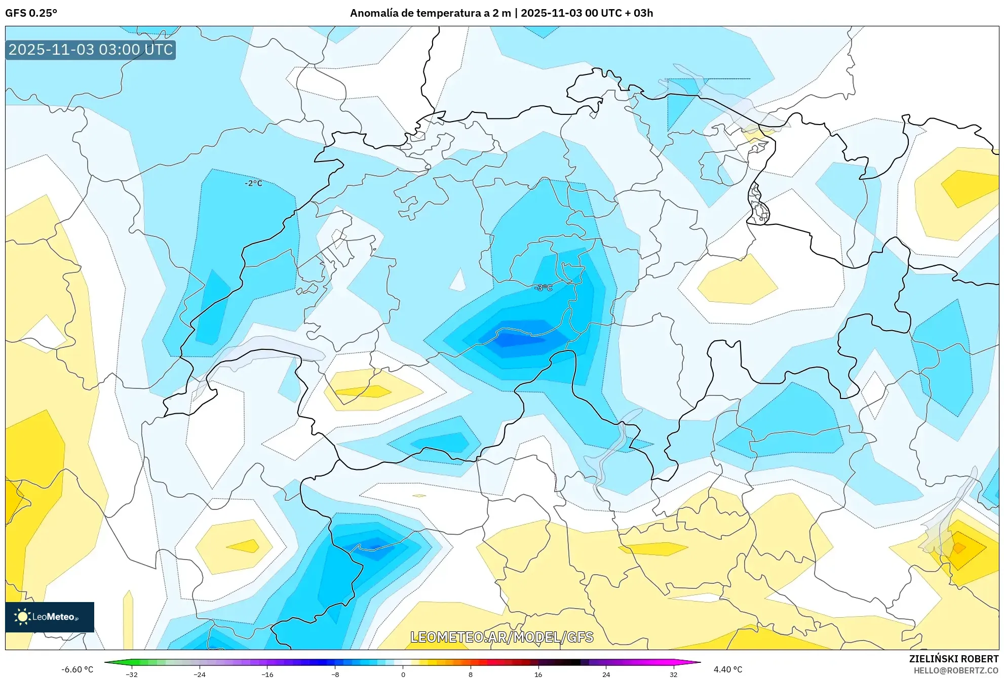 GFS model - Suiza, Anomalía de temperatura a 2 m
