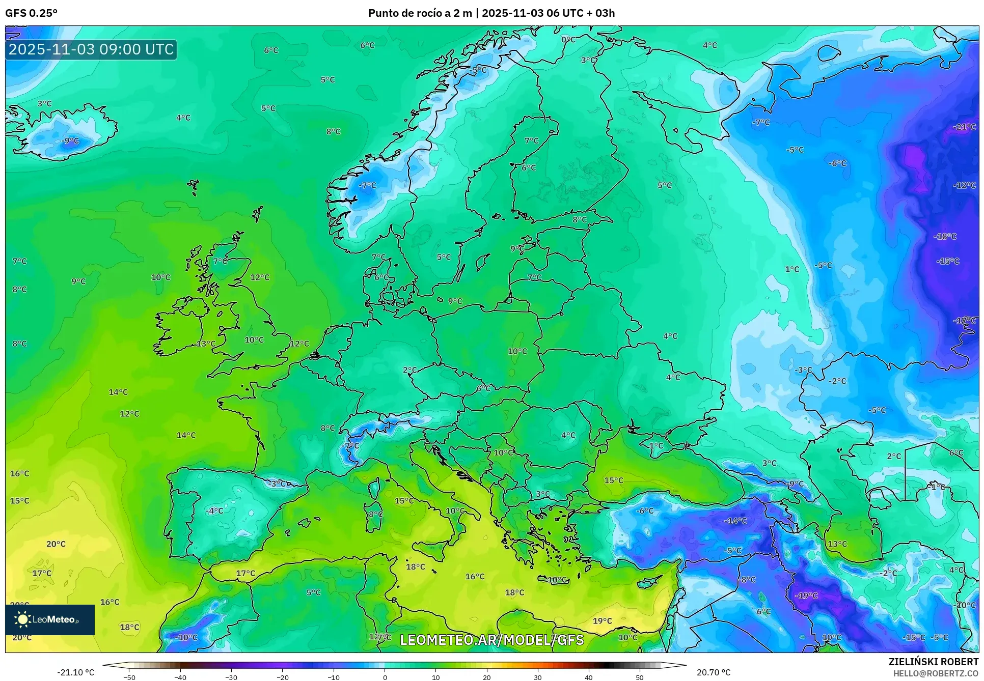 GFS model - Europa, Punto de rocío a 2 m