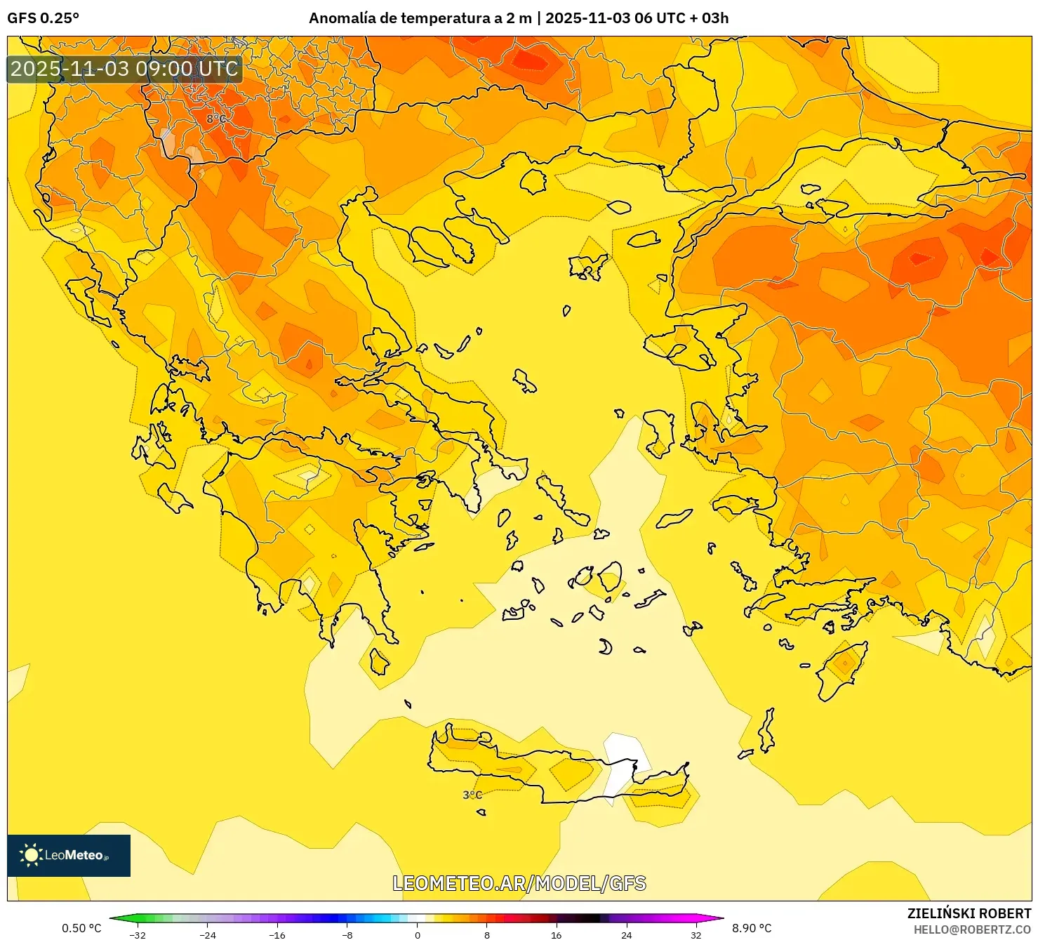 GFS model - Grecia, Anomalía de temperatura a 2 m