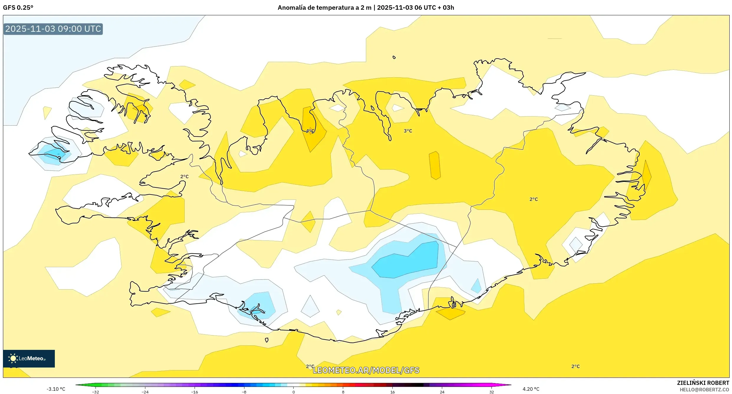 GFS model - Islandia, Anomalía de temperatura a 2 m