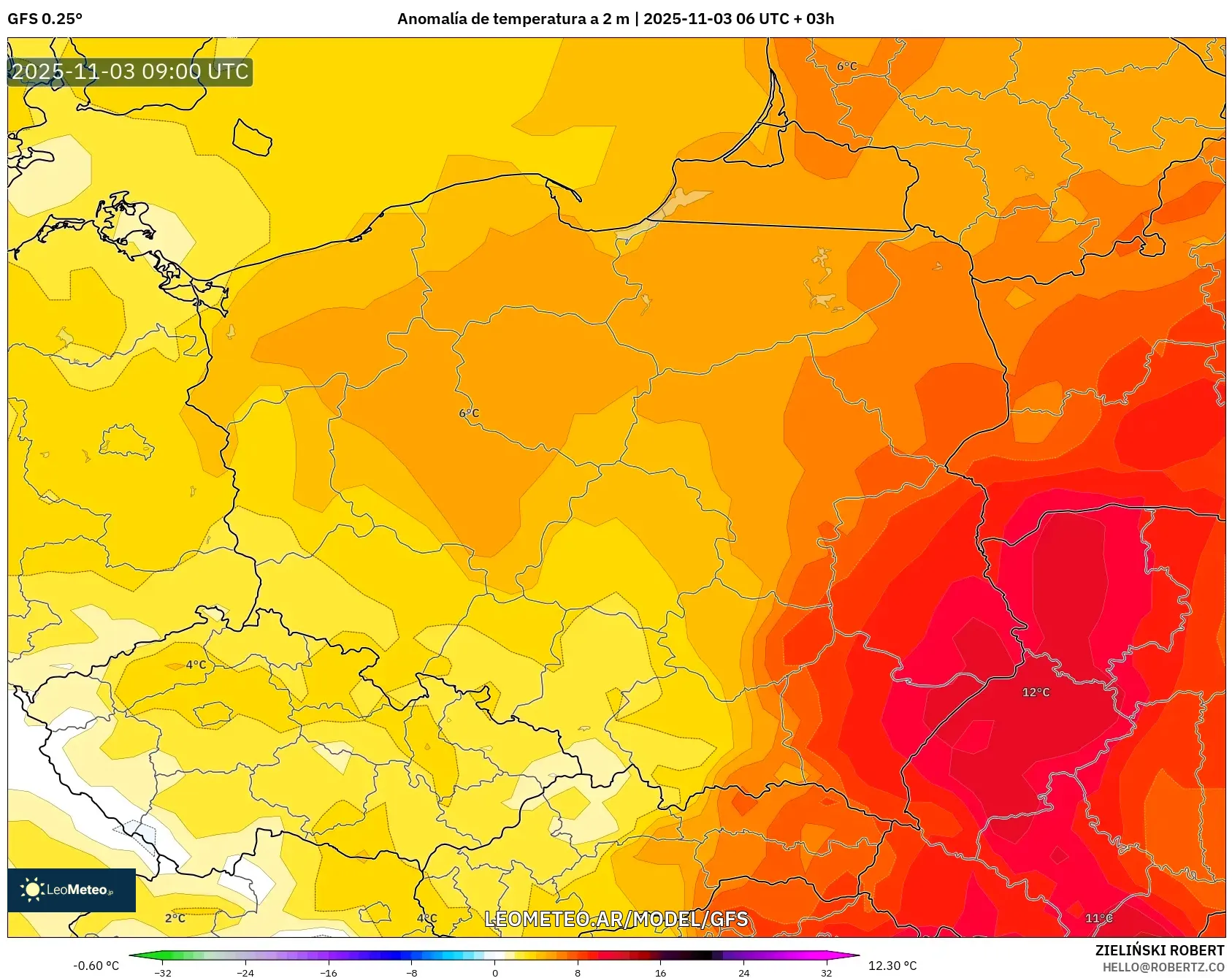 GFS model - Polonia, Anomalía de temperatura a 2 m