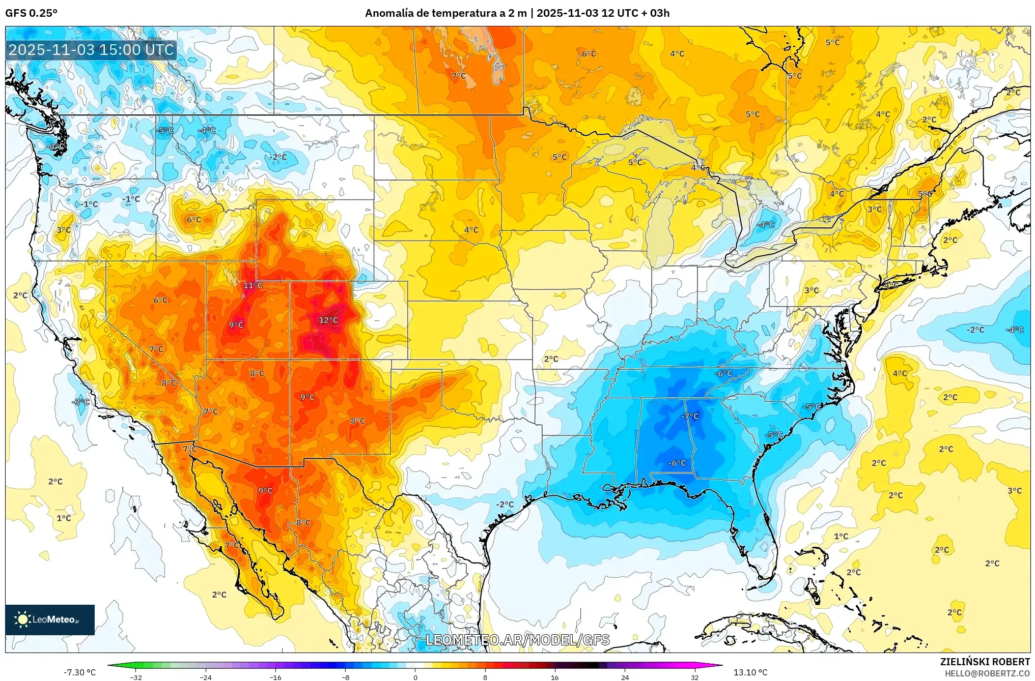 GFS model - Estados Unidos, Anomalía de temperatura a 2 m