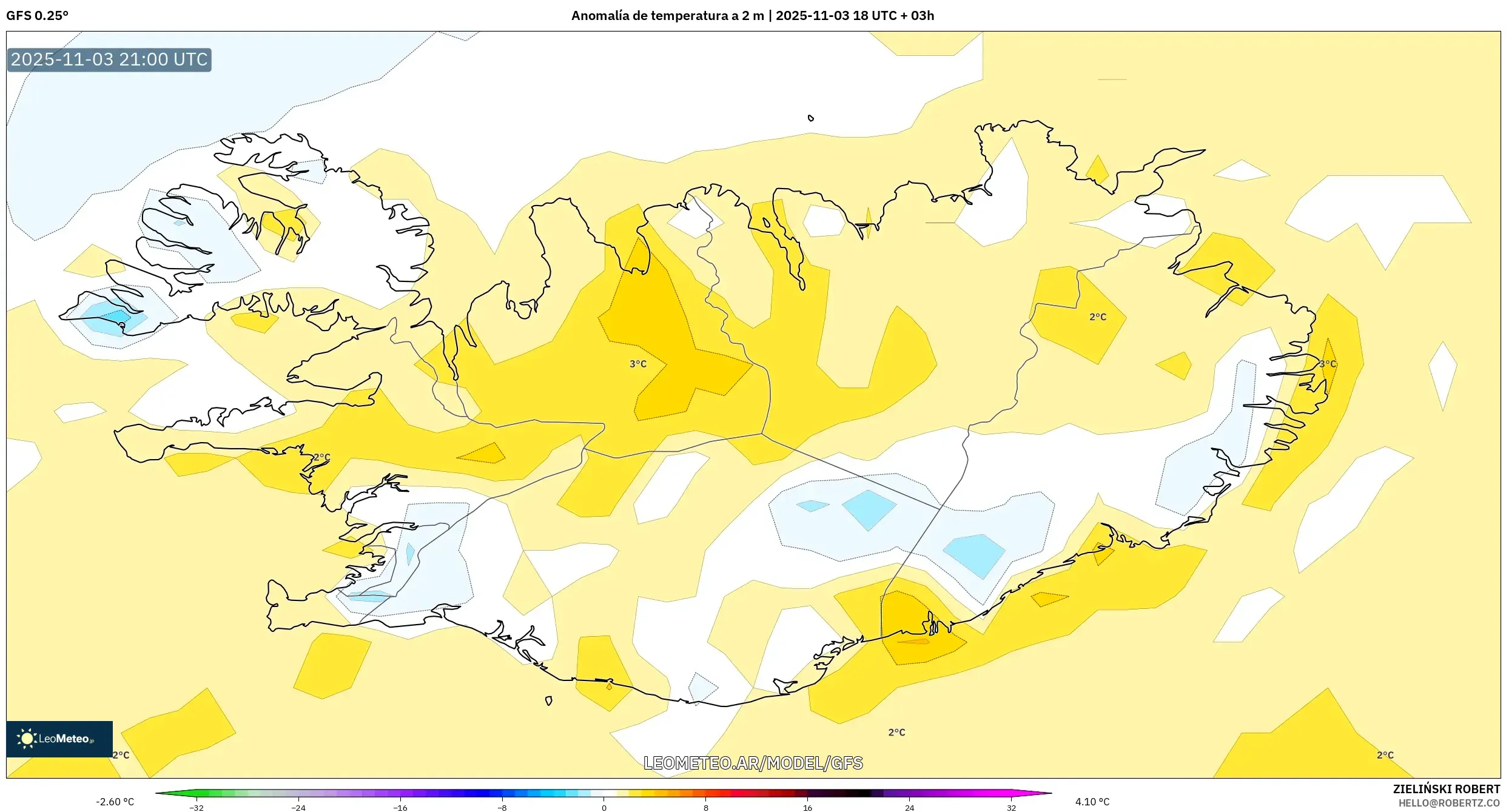 GFS model - Islandia, Anomalía de temperatura a 2 m