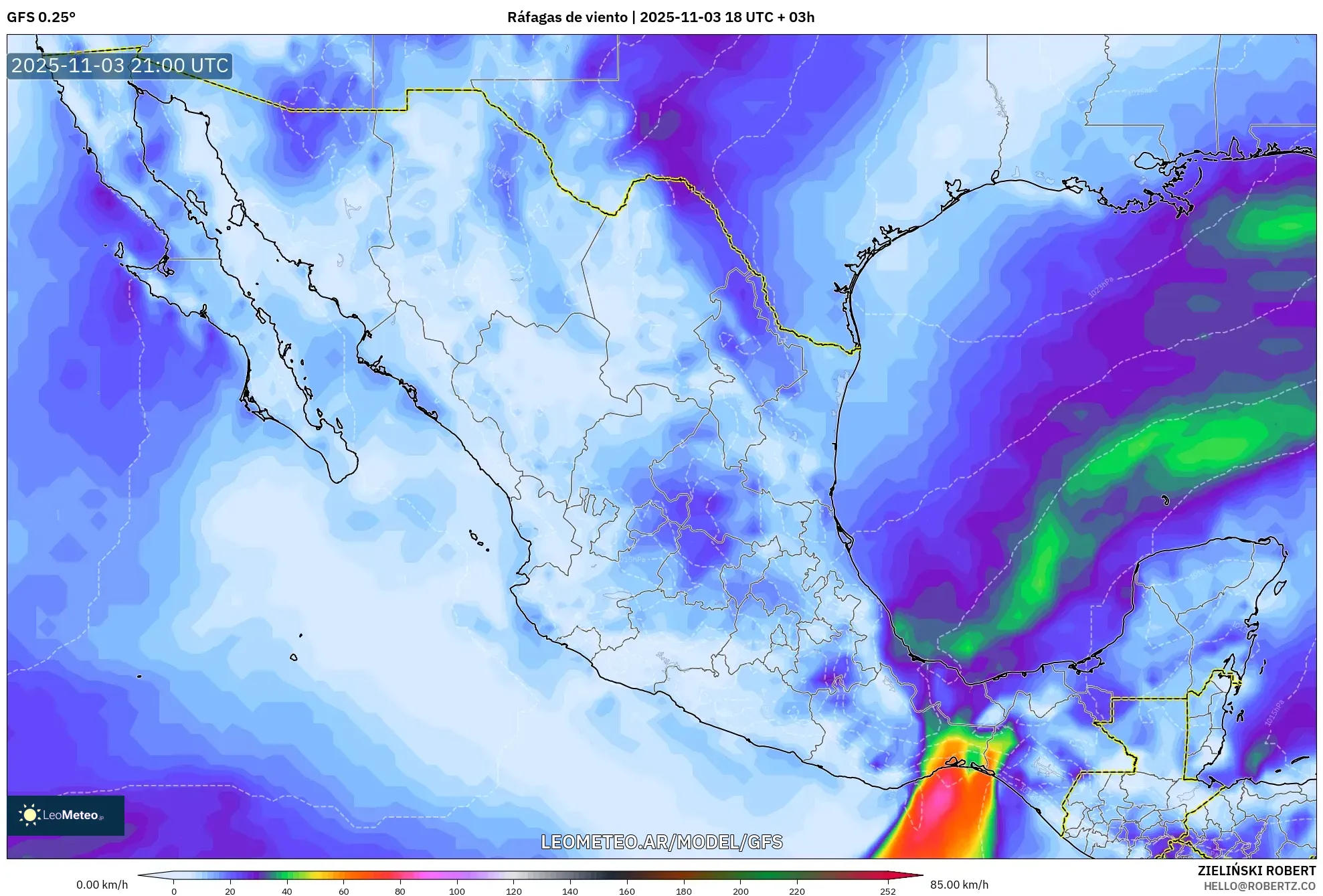 GFS model - México, Ráfagas de viento