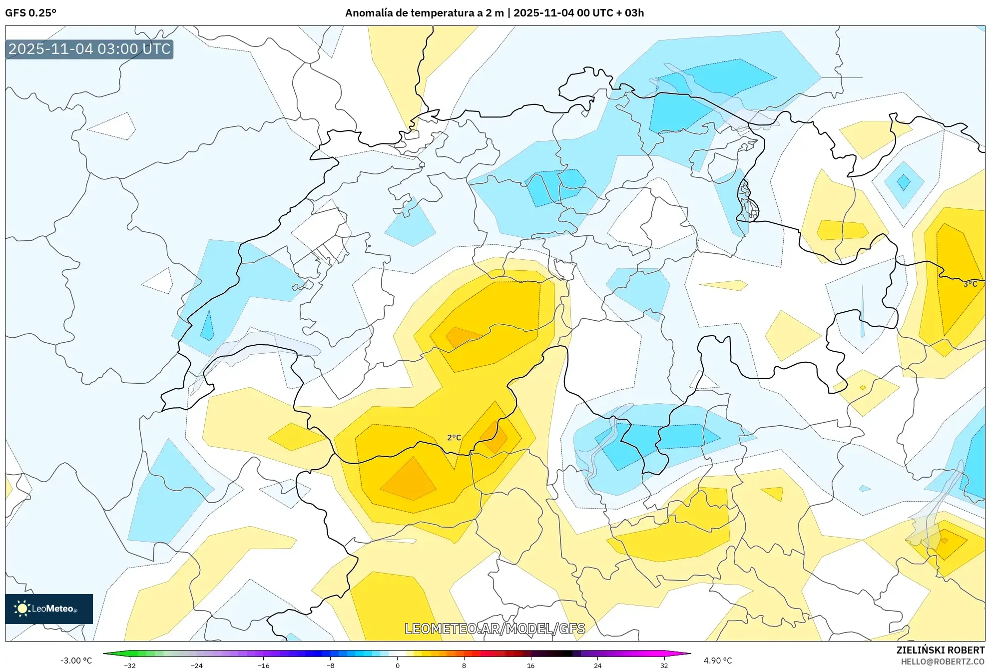 GFS model - Suiza, Anomalía de temperatura a 2 m