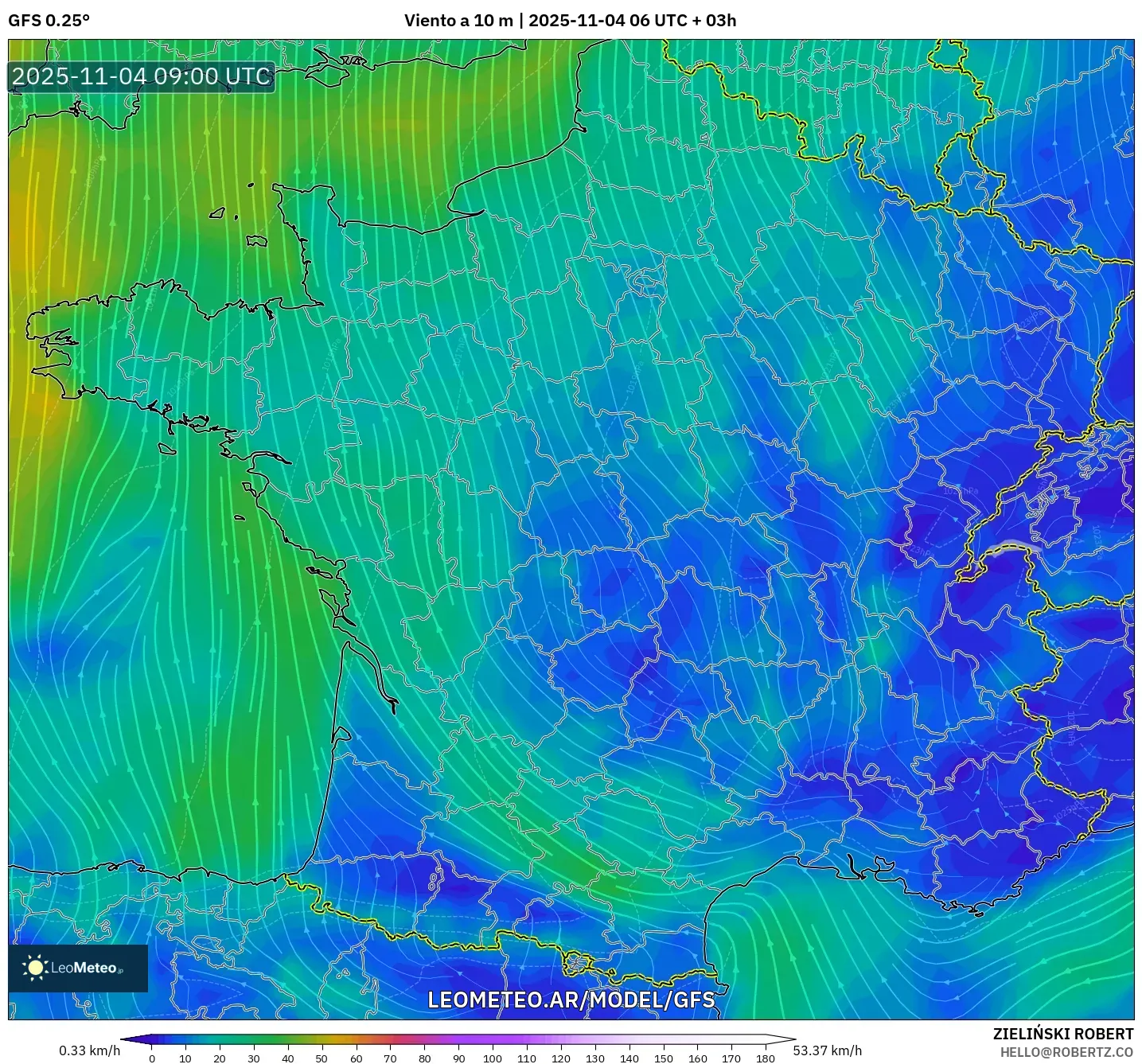 GFS model - Francia, Viento a 10 m