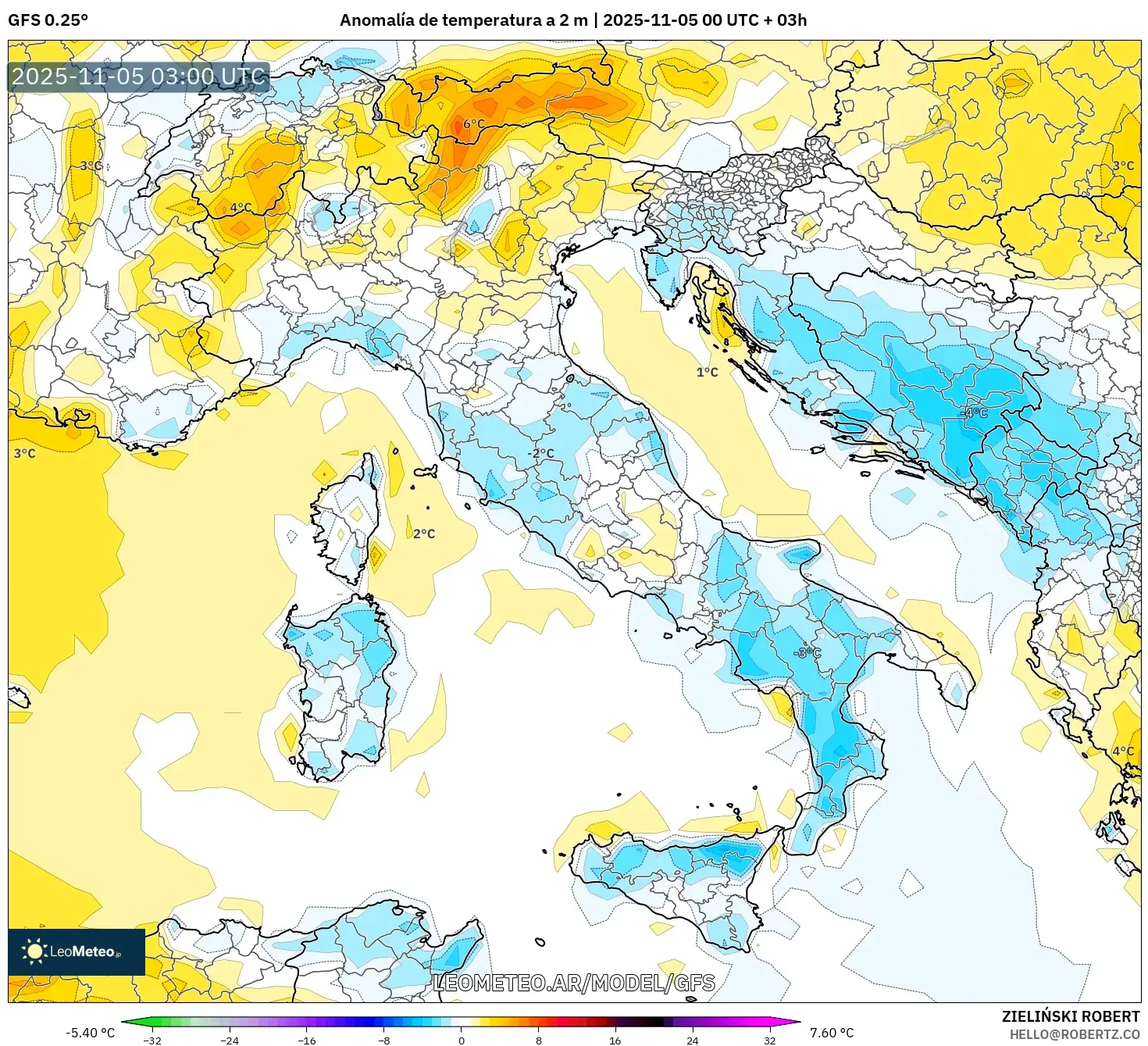 GFS model - Italia, Anomalía de temperatura a 2 m
