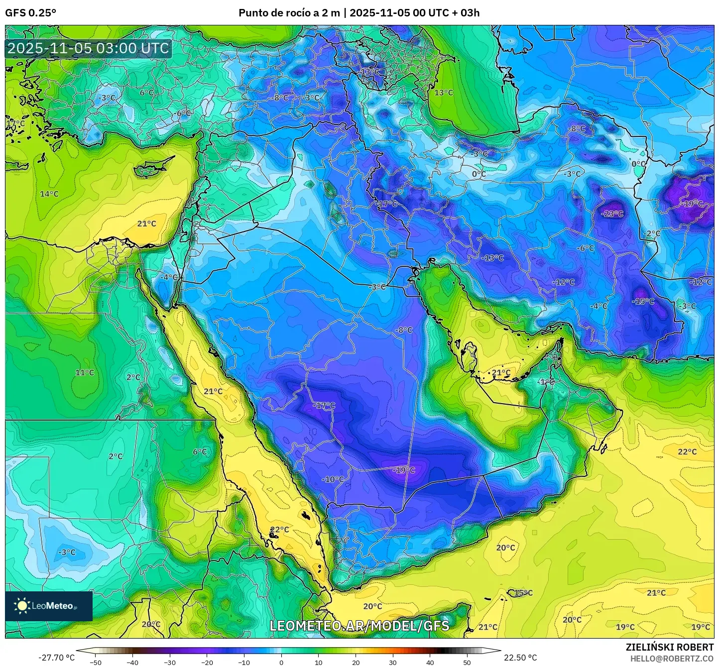 GFS model - Oriente Medio, Punto de rocío a 2 m