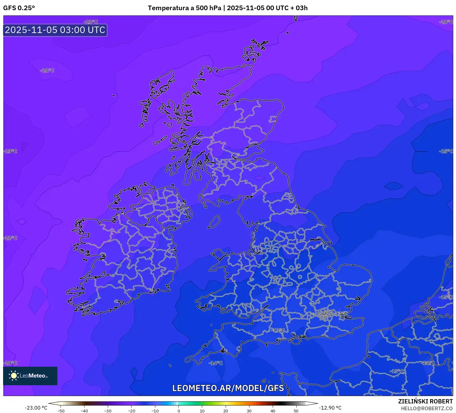 GFS model - Reino Unido, Temperatura a 500 hPa