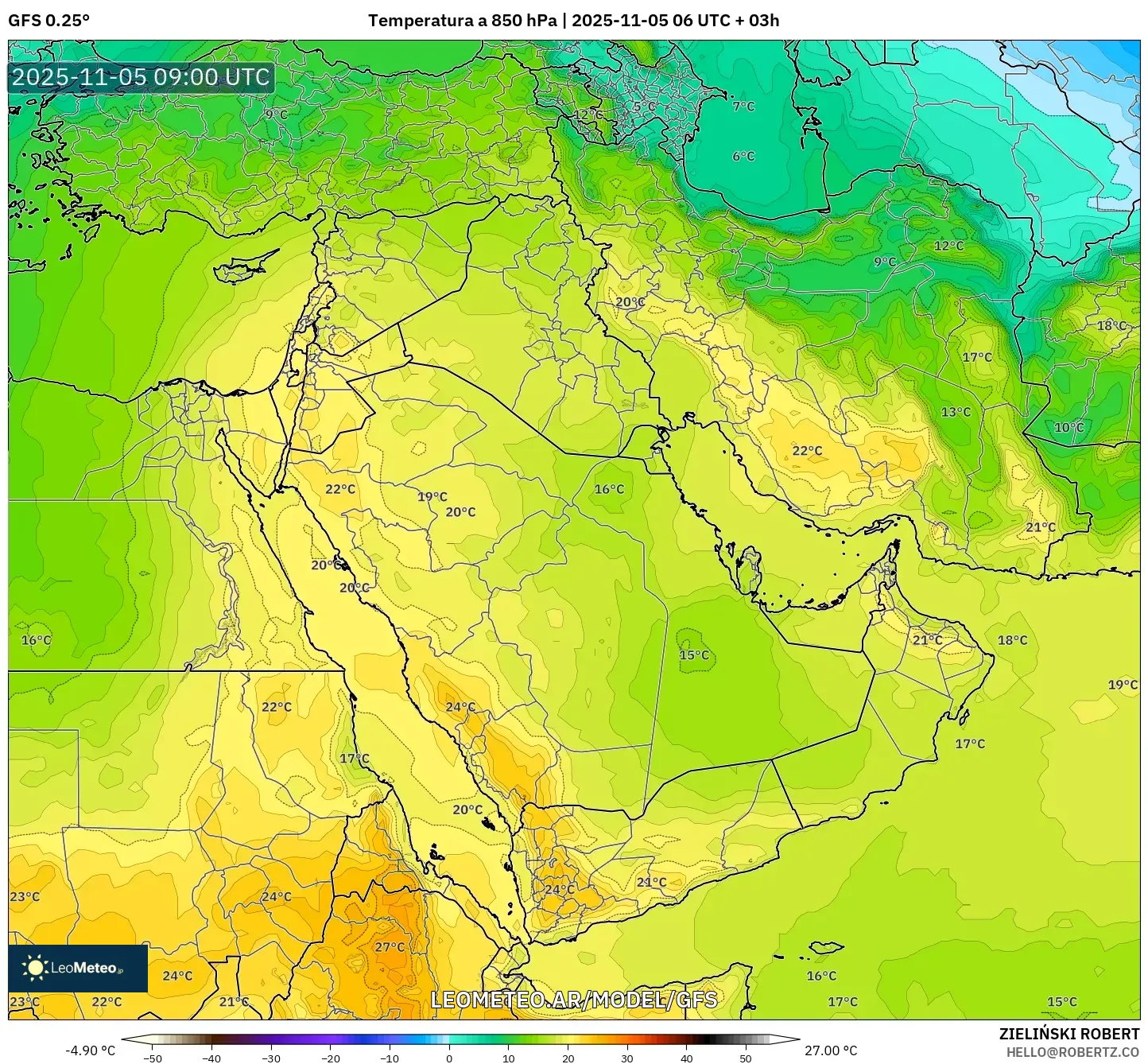 GFS model - Oriente Medio, Temperatura a 850 hPa