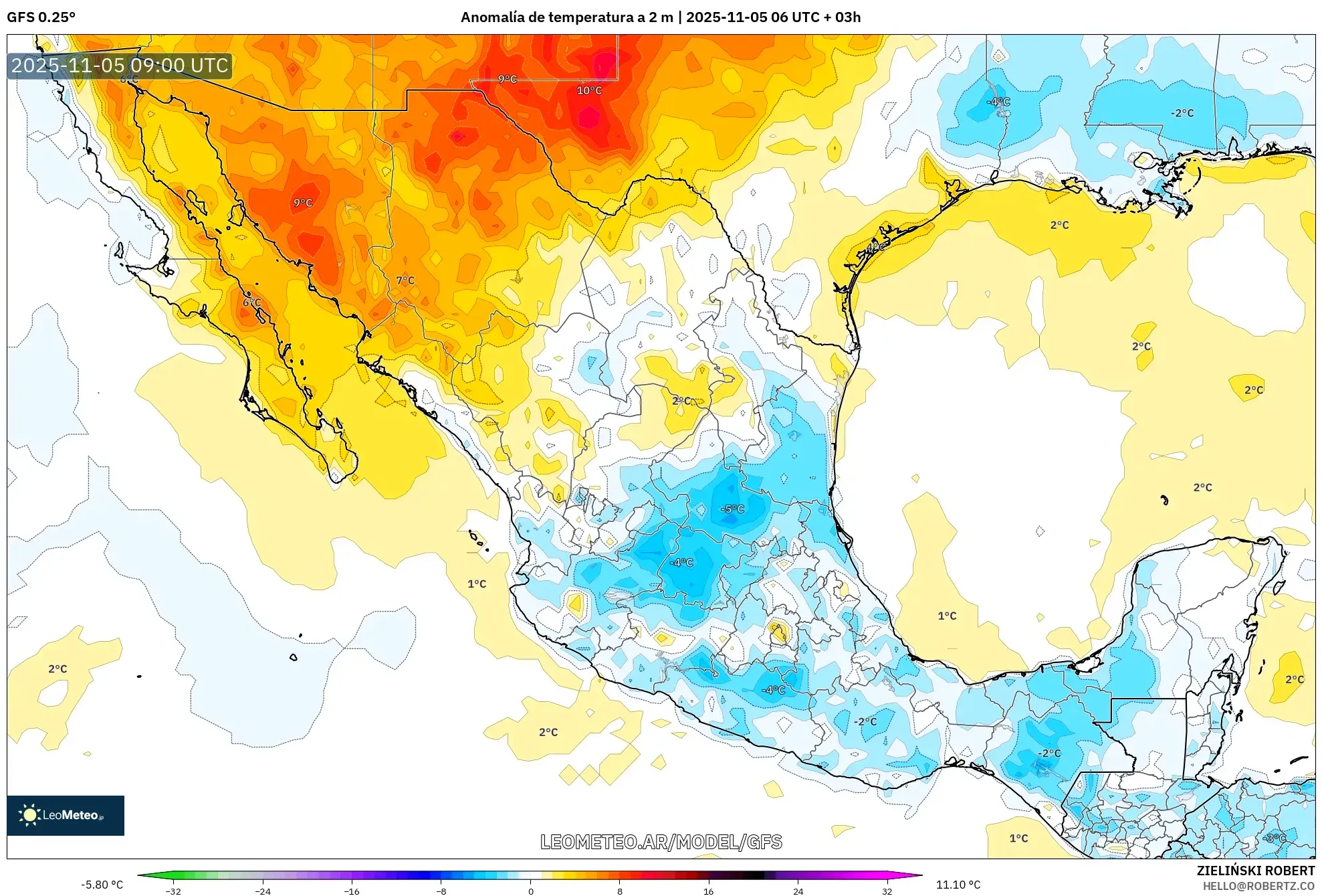 GFS model - México, Anomalía de temperatura a 2 m