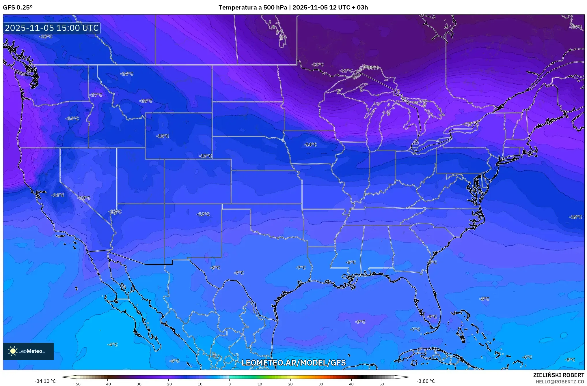 GFS model - Estados Unidos, Temperatura a 500 hPa
